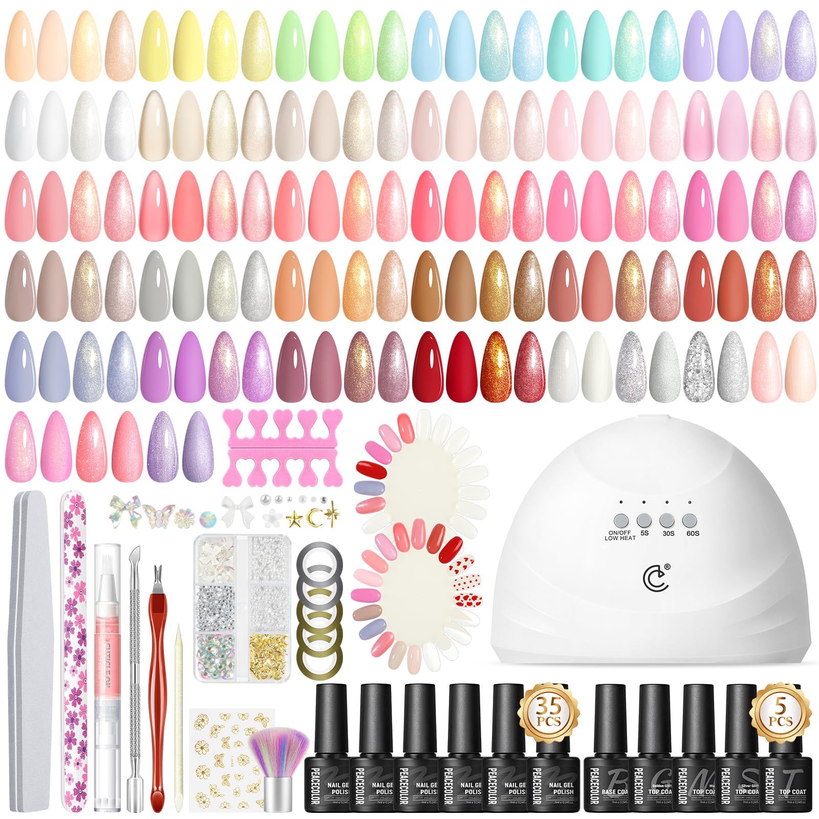 PEACECOLOR57PCS Gel Nail Polish Set: 35+5 Colours Gel Nail Polish with Lamp, Pink Red Nude Nail Kit, Glossy Matte Glitter Top Coat, Salon Full Set for Women Gifts