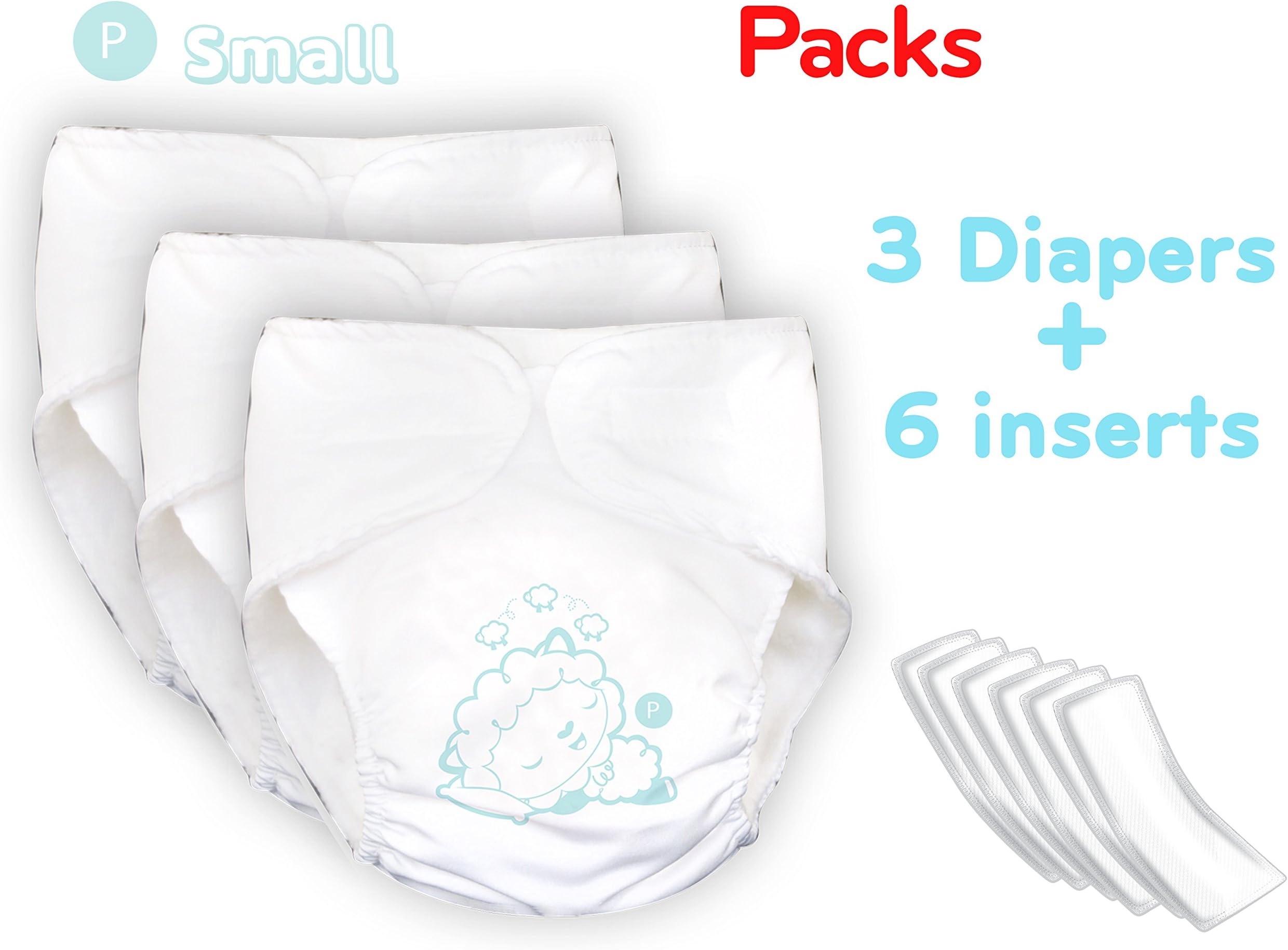 Premium Reusable Cloth Baby Diaper 3 pcs + 6 inserts Small 4.5-13 lbs