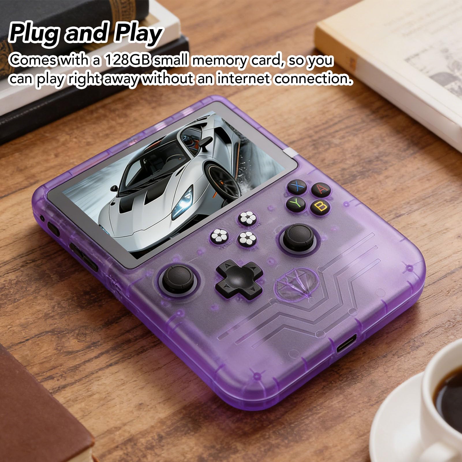 Consola de Juegos Portátil, Pantalla HD de 6 Pulgadas, Batería de 6000 MAh, Consola de Juegos Retro con Tarjeta de Memoria de 128 GB, Joysticks RGB Duales para Más de 30 (Púrpura translúcido)