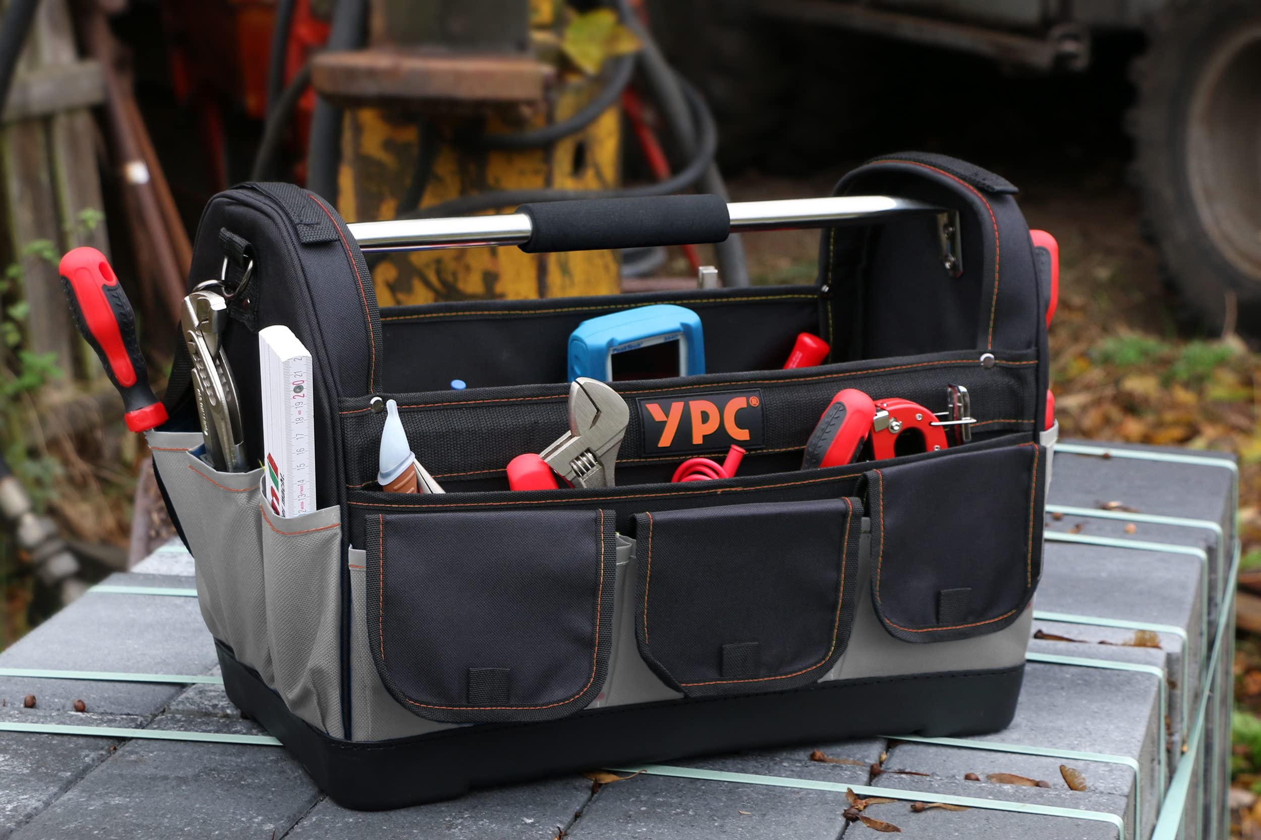 YPC Pioneer Werkzeugkorb XXL – Profi tragbare Werkzeugtasche mit stabilem Boden, Wasserfest, Reißfest, Schultergurt mit Polster & Metall-Handgriff, Grau-Schwarz, 45x35x23cm – 20 kg Tragkraft