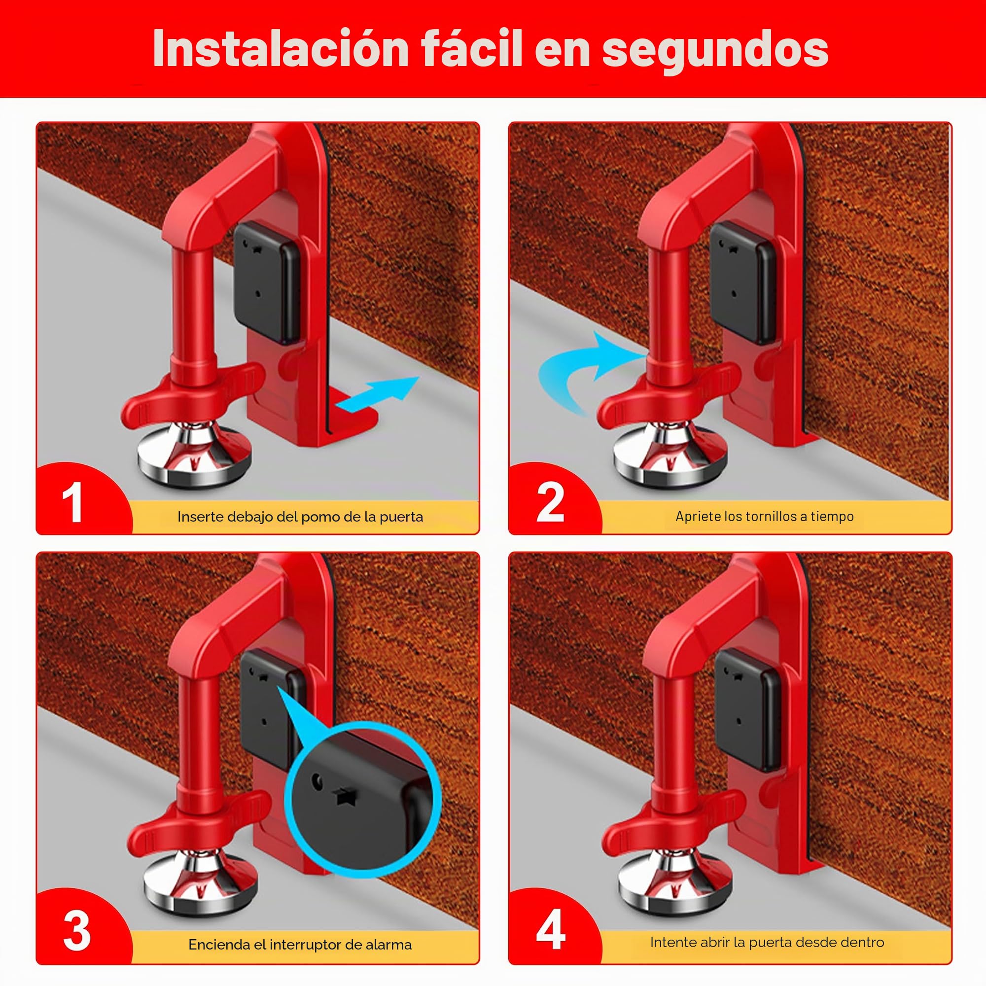 Tope de puerta de alarma portátil, antirrobo de 80 dB, para parte inferior de la puerta, ajustable y fácil de instalar para el hogar, oficina y viajes, dispositivos de seguridad de puerta (rojo)