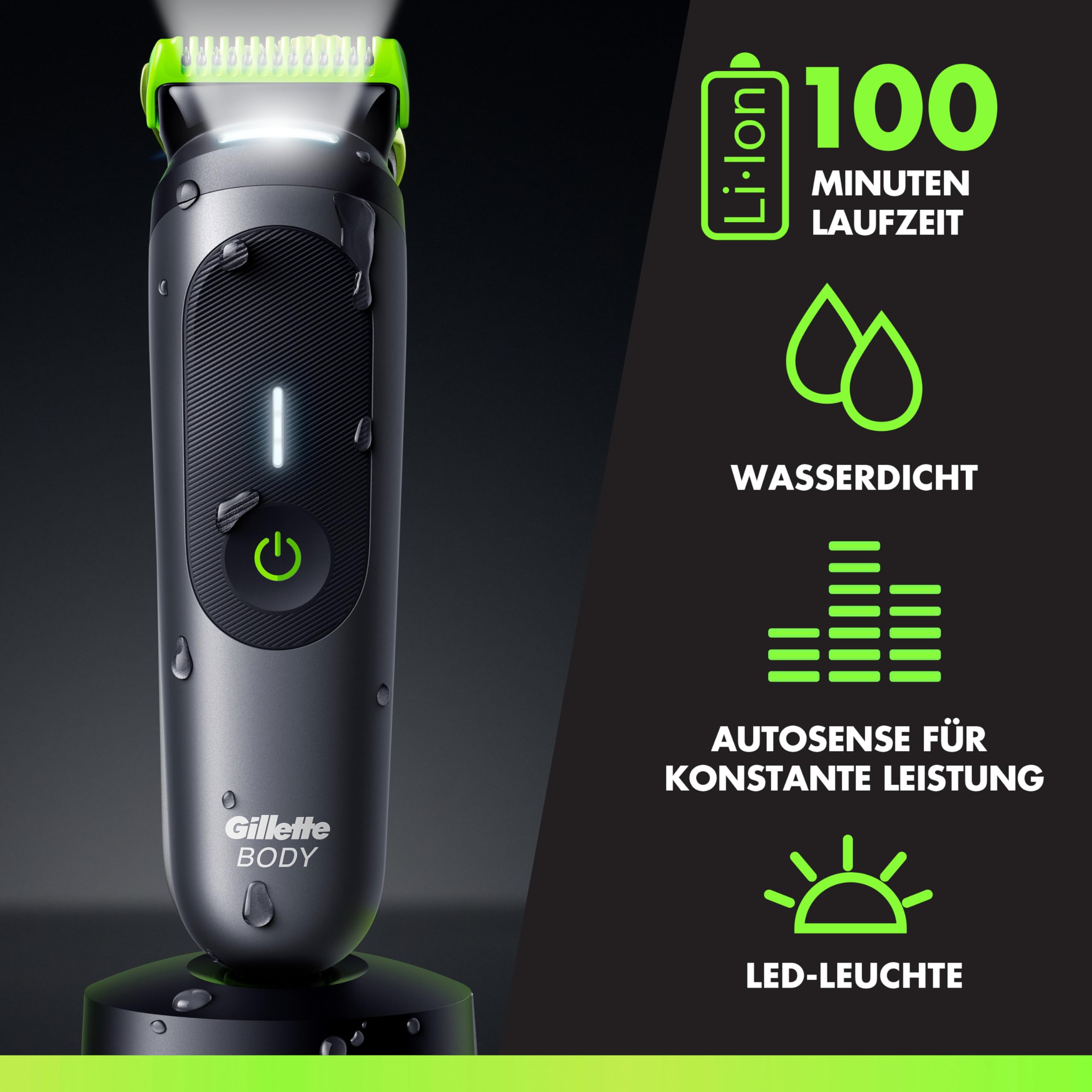 Gillette Labs i7 Body + Intimate Trimmer Herren, Schwarz/Grün, Intimrasierer Mann für Körper Und Intimbereich mit SkinFirst-Technologie, Wasserdichte, Inkl. LED-Licht, Duschhalterung und Ladeständer