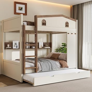 Full Over Full Bunk Bed with Trundle, Wood Bunk Bed with Storage, Shelves and Hooks, Low Bunkbeds for Kids, Beige&Natural