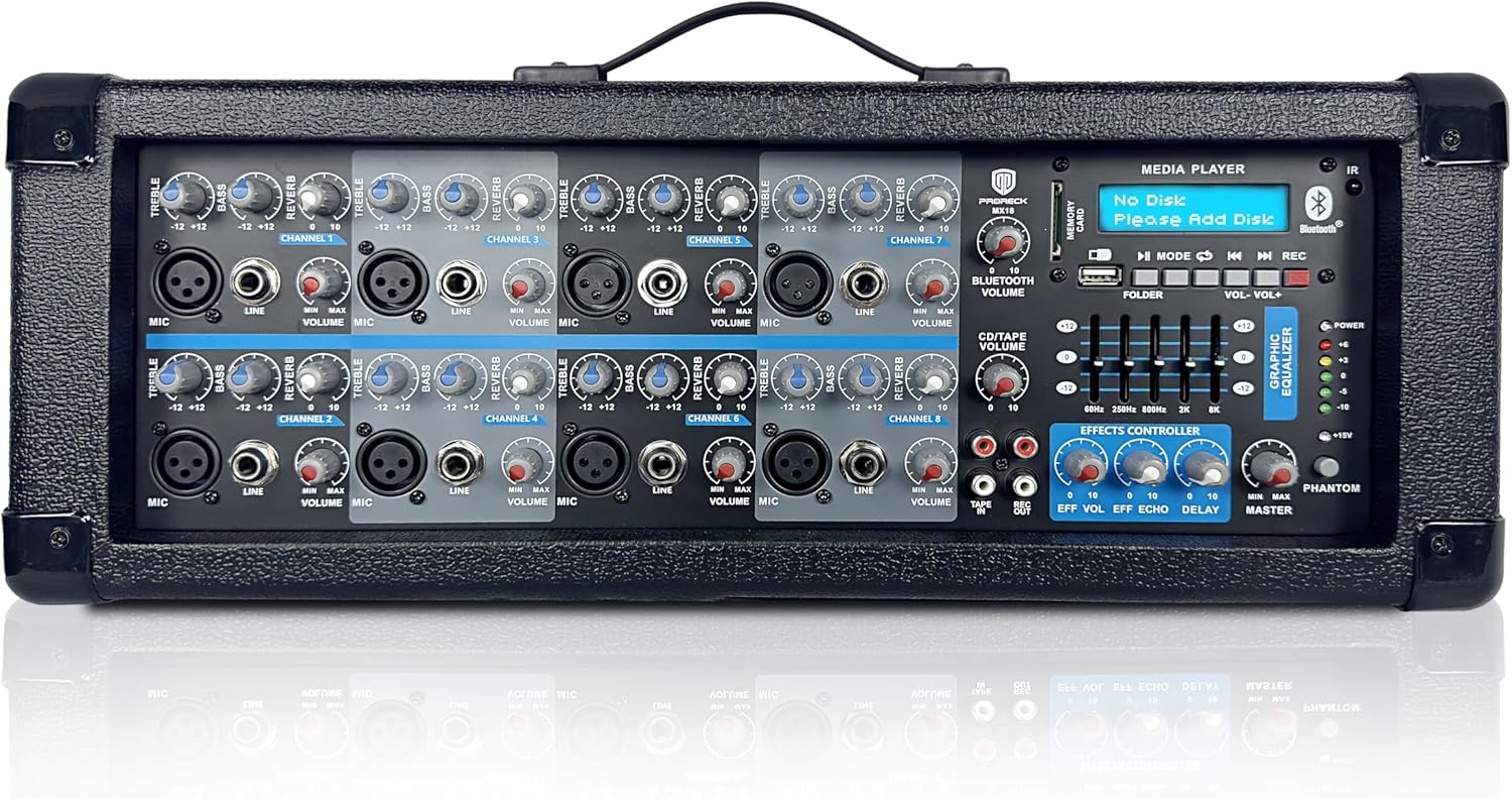 Proreck MX18 8-Channel 2400w Professional Audio Mixer with USB Interface, Bluetooth, Effect Controller, and 15V Phantom Power.Ideal for Studio Recording, Live Performances, DJs, Bands, Party, Wedding