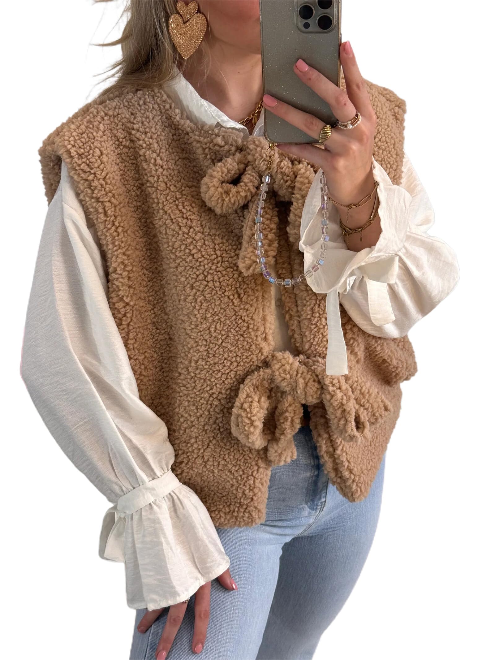 YEMOCILELeopard Print Tie Front Fuzzy Fleece Vest for Women Oversized Sleeveless Sherpa Jacket Lightweight Warm Outerwear