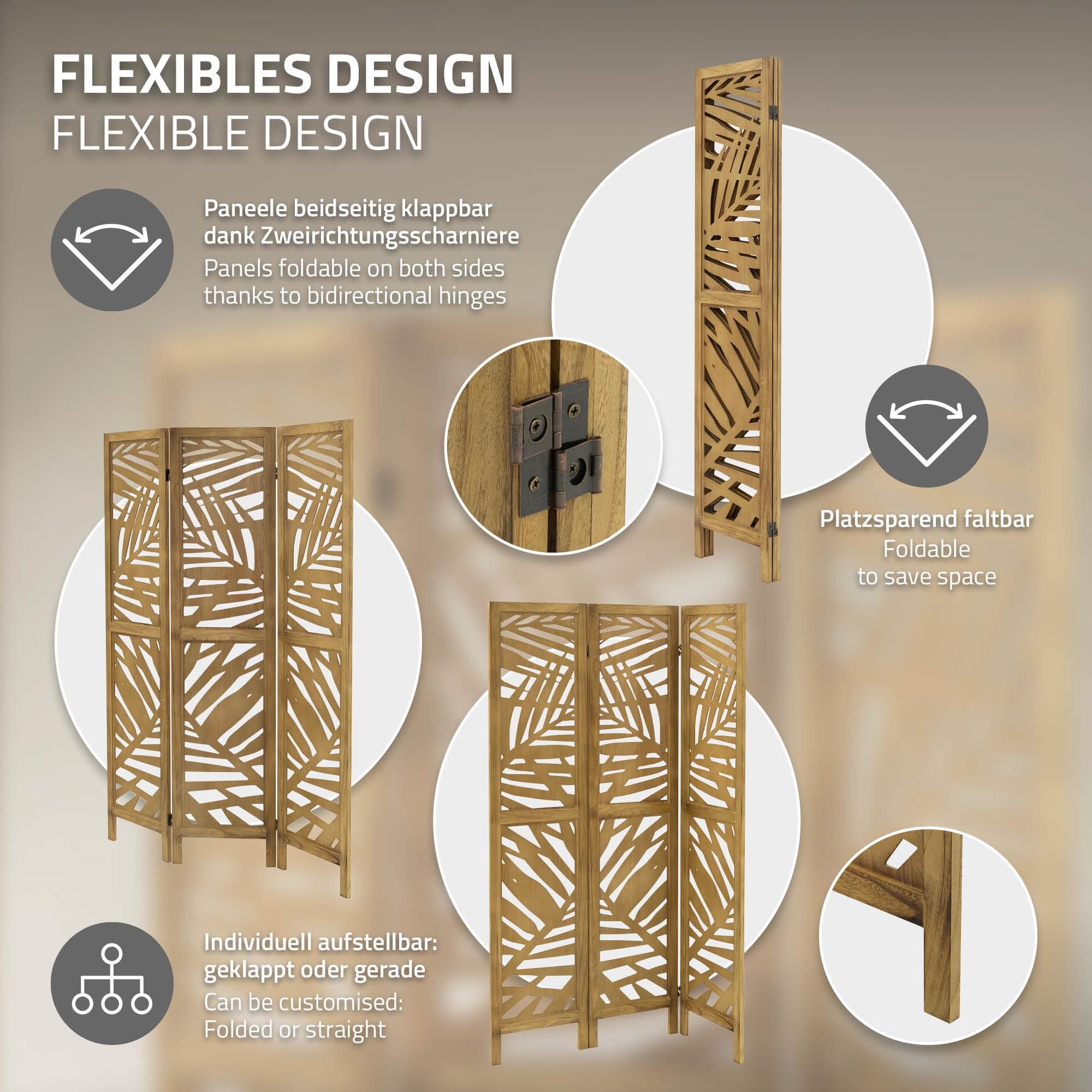 ML-Design Parawan 3-czesciowy Kioto naturalny 170x121 cm Drewniany Skladany Parawan Pokojowy Wolnostojacy Scianka Dzialowa Ekran Prywatnosci Do Przebieralni I Sypialni Panel Oslona Przestrzeni