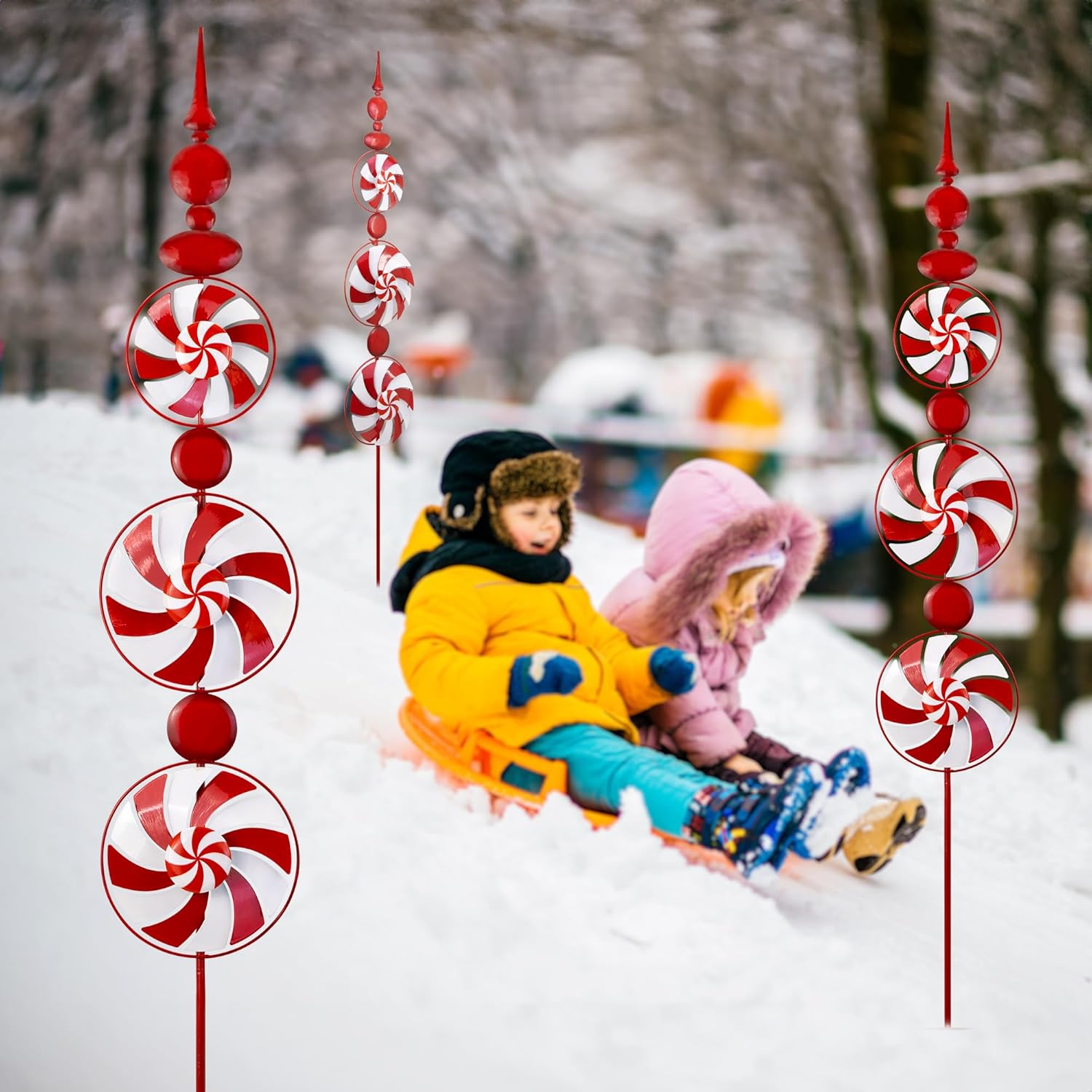 Red Candy Wind Spinner Christmas Outdoor Decorations,52 Inch Metal Wind Spinner Outdoor Decoration for Yard Art and Garden Lawn Ornaments，Outdoor Halloween Decorations Yard and Lawn Ornaments