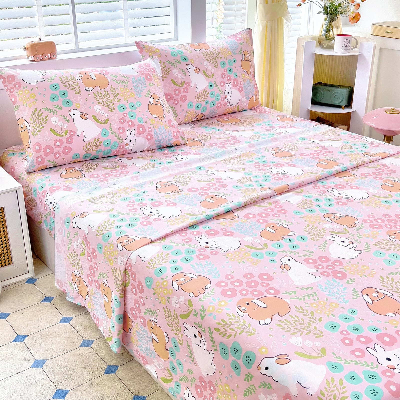 Full Sheet Set Kids - Light Pink 4 Pieces Soft Microfiber Cartoon Style Bedsheets for Boys Girls Teens, Oeko TEX Breathable 15 Inch Deep Pocket Sheets(Cute Rabbit)