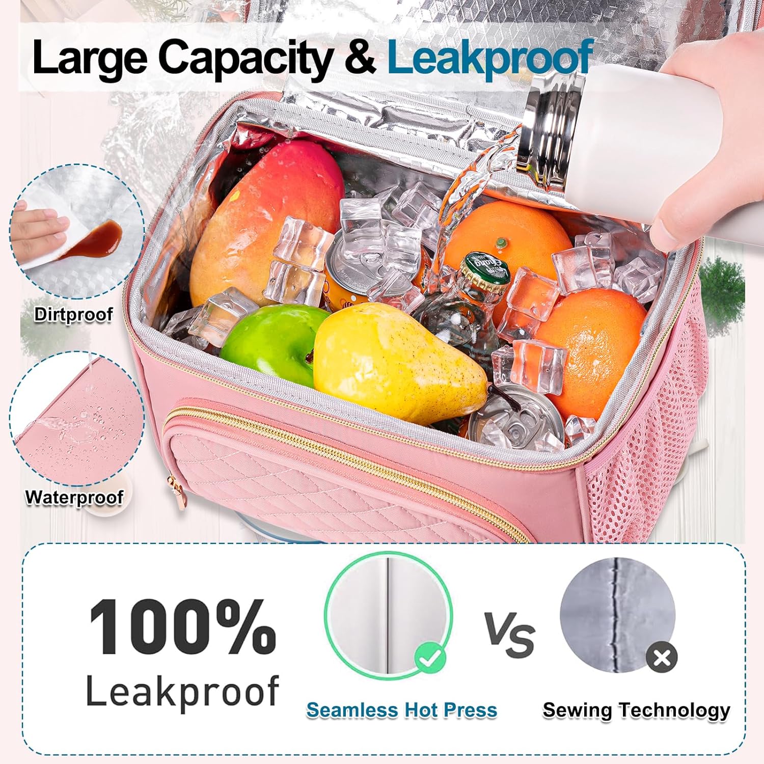 Lunch Bags for Women, Dual Compartment Lunch Box Lunch Bag for Work, Leakproof Lunch Cooler Large Insulated Lunchbox for Adult for Women Men, Lunchbag for Picnic Beach (Pink) - Image 5