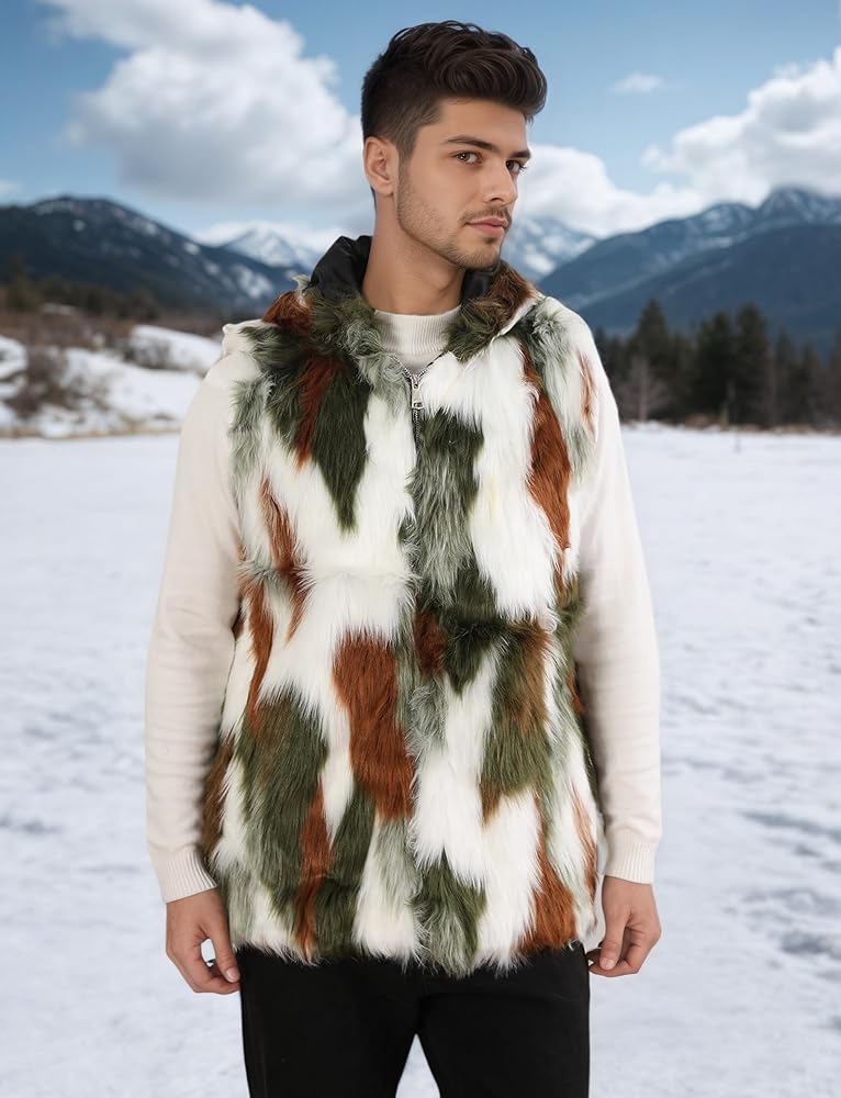 Idopy Winter Men`s Faux Fur Coat Vest Gilet Sleeveless Jacket