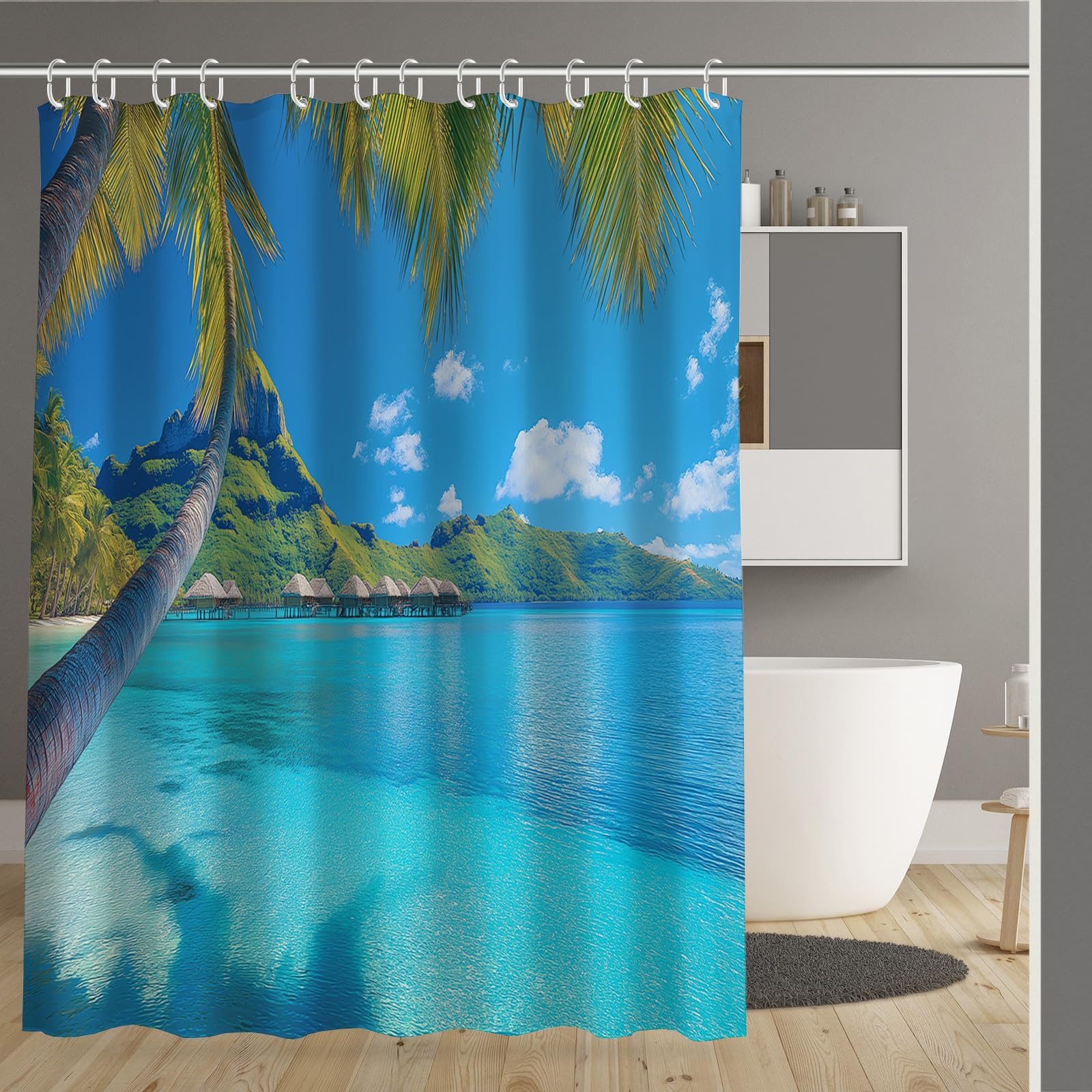 Rideau de douche 180x200cm île tropicale imperméable pour salle de bain