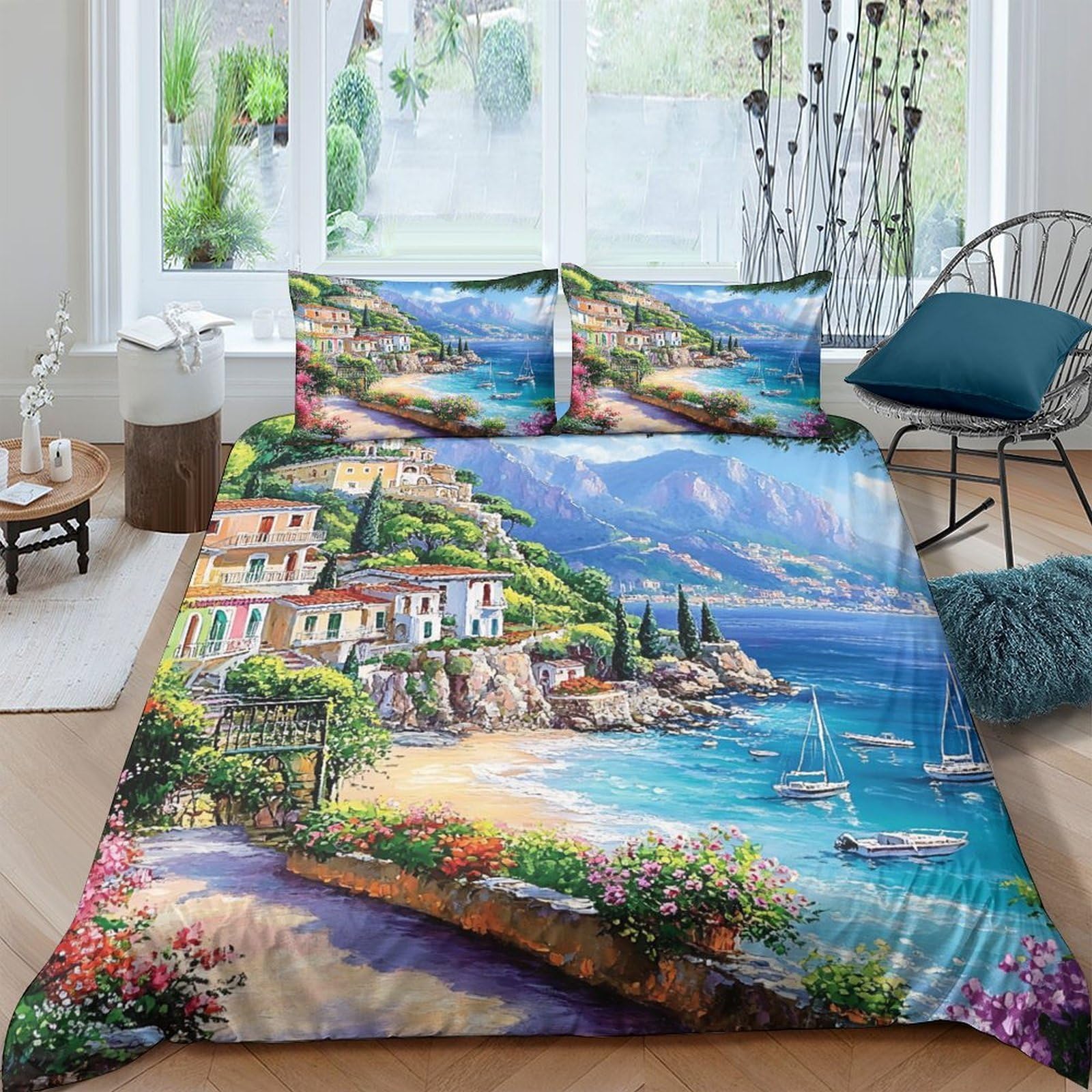 TUFRTGYHN 3D Printed Mediterranean Coast Duvet Cover Microfiber Soft Scenic Seaside Village Bedding Set with 2 Pillowcases for Bedroom Home Decor Single（135x200cm）
