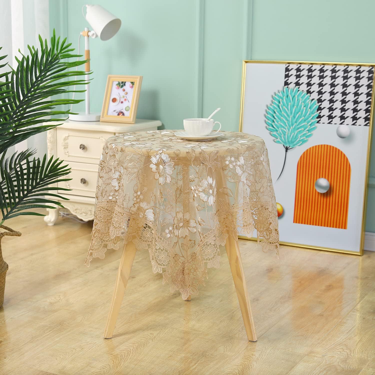 Small Table Cloth Vintage Lace Hollow Tablecloth Shabby Chic Embroidered Cover for Wedding Banquet Holiday Square and Round Dinner Tables, Gold, 52 in x (R109752)