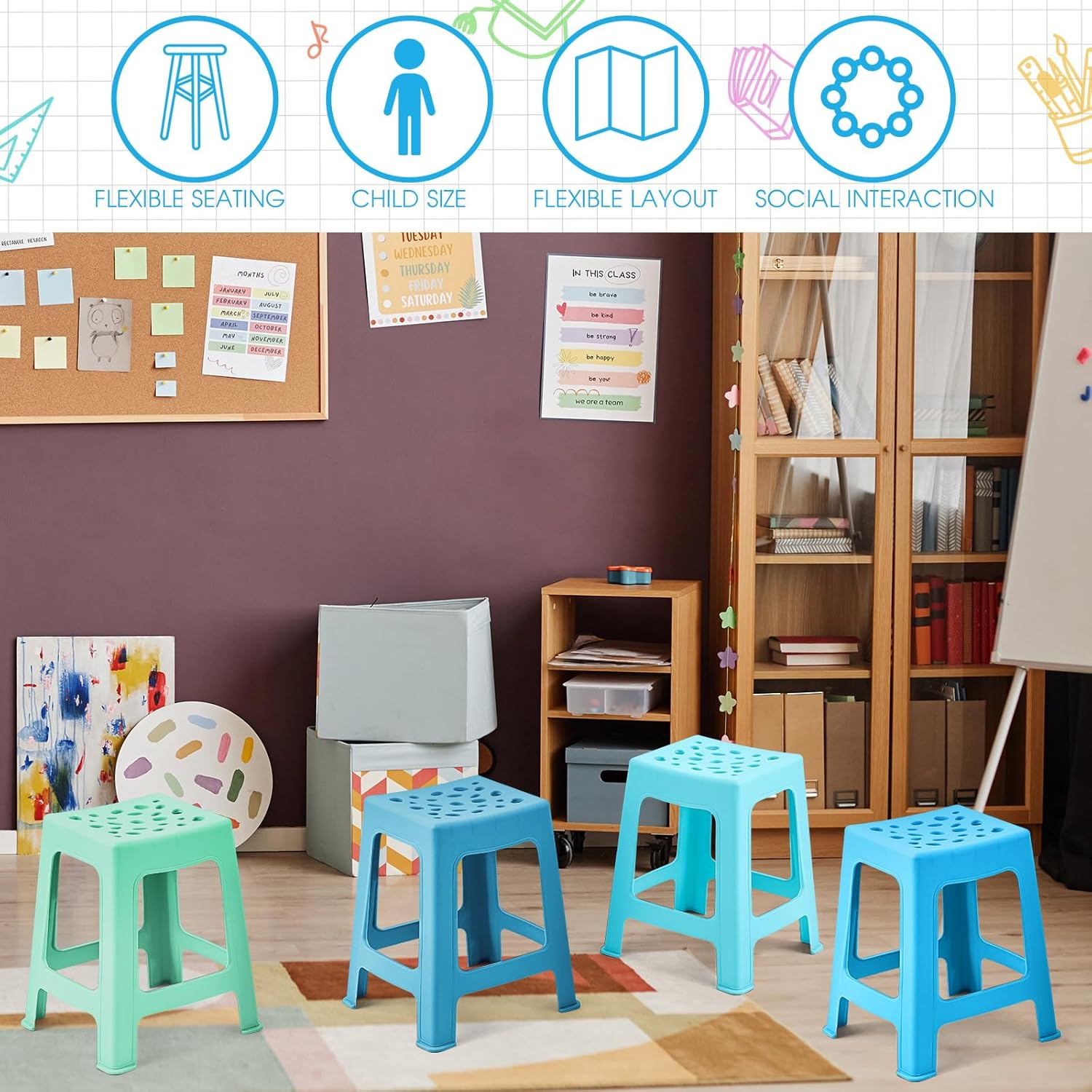 Leinuosen 6 Pcs Plastic Stool for Classroom 18 Inch Stackable School Stools Modern Portable Nesting Chair for Kids Students Classroom School Home Office (Morandi)