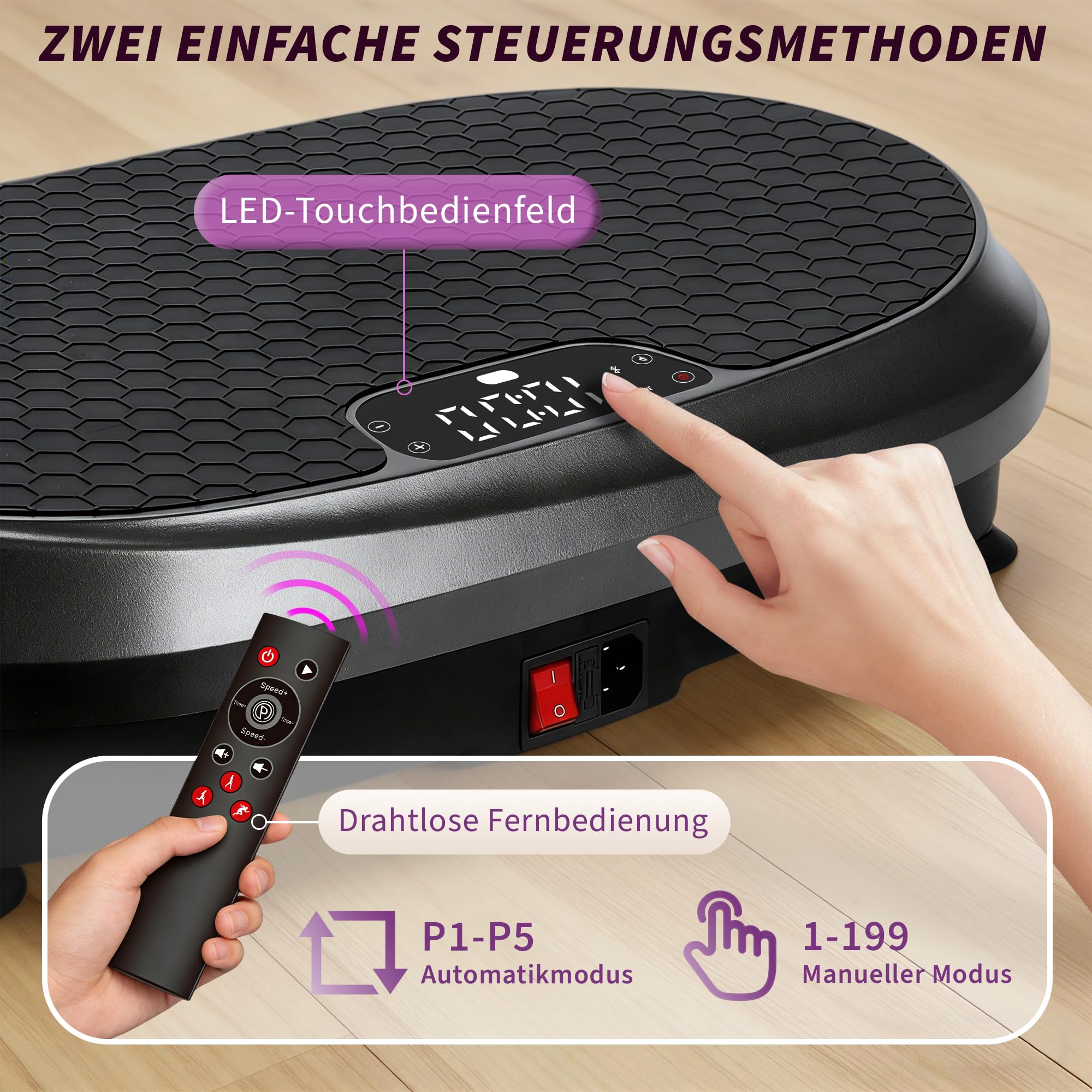 Vibrationsplatte - Vibration Plate Rüttelplatte Sport für Zuhause | Hohe Stabilität Rutschfeste Fußpads Leiser Betrieb Fernbedienung Widerstandsbänder 9 automatische Programme LED-Anzeige