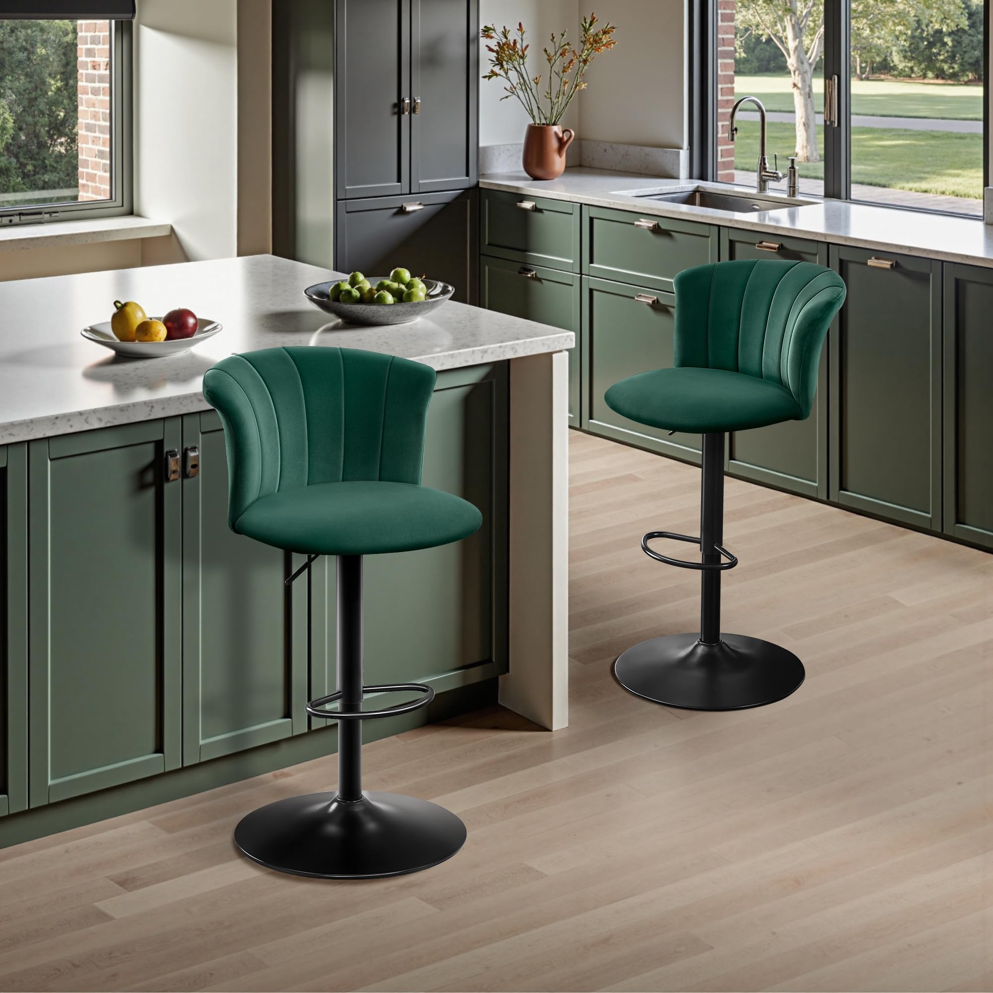 STOOLINK 2er Set Barhocker Höhenverstellbar Barstuhl Seidensamtstoff, Küchenhocker 360° Drehbar, Barhocker mit Lehne, Tresenhocker 150kg Belastbar für Küche, Esszimmer-Grün