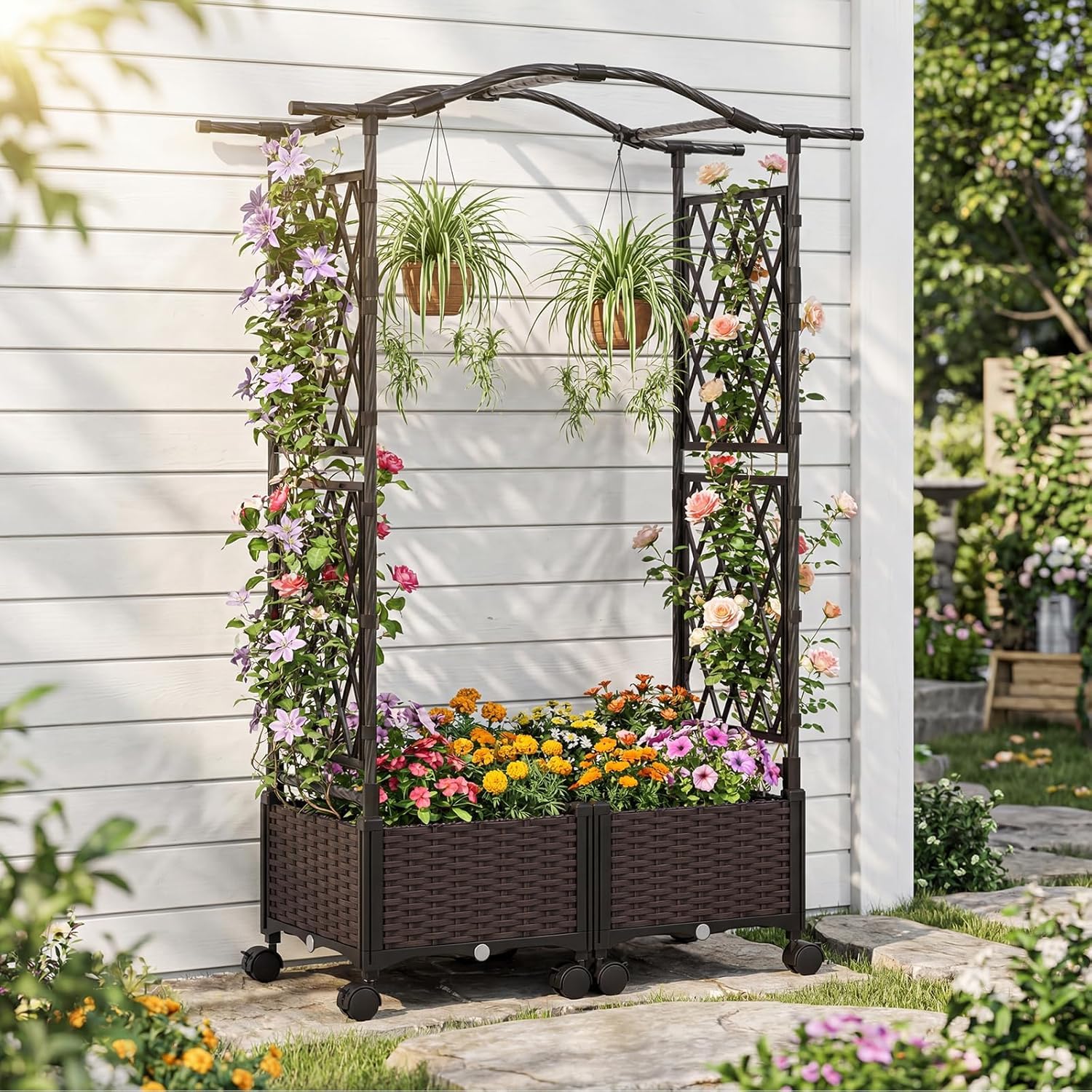 RELAX4LIFE Arco de Jardín con 2 Macetas, Jardineras con Arco Superior, Enrejado para Plantas Trepadoras con Ruedas, Sistema de Auto-Riego, para Flores, Hierbas Aromáticas y Plantas Trepadoras