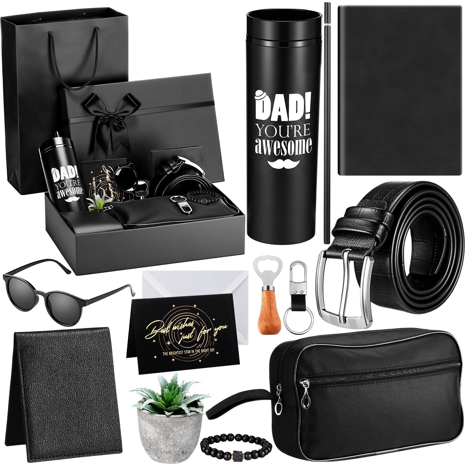 Skylety Juego de 12 cestas de regalo para el padre para hombres, juego de regalo de cumpleaños de 16 onzas, billetera, bolsa de aseo, cuaderno, cinturón, regalo de agradecimiento para él, papá, marido