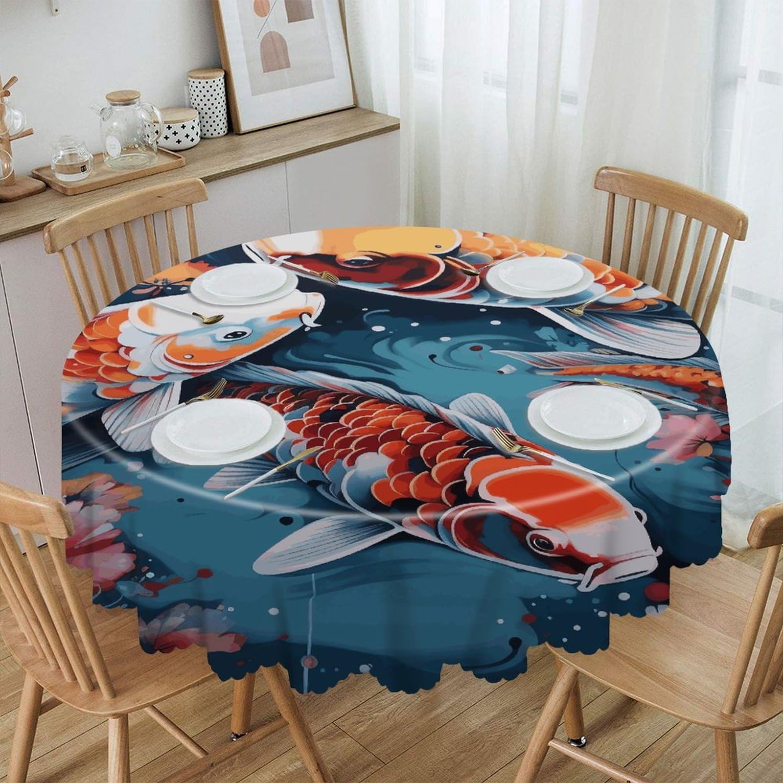 Btcowzrv Style Hand Drawn Fish Polyester Round Tablecloth 59.84 Inch, Decorative Washable Table Cover, Table Cloth For Restaurant Picnic Indoor And Outdoor Dining