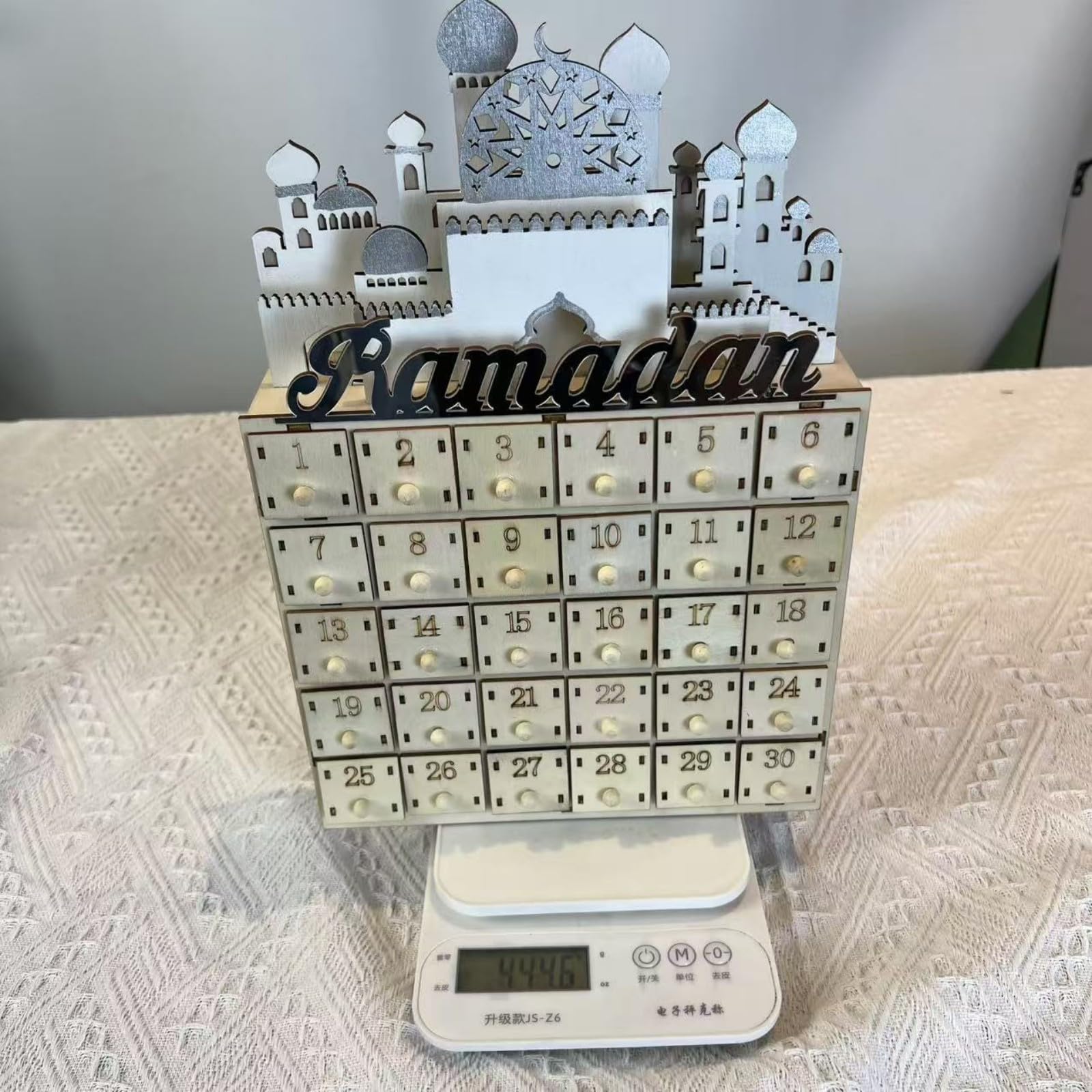 Eid Ramadans - Calendario de cuenta regresiva con luz LED y cajones de 30 días, decoración de Adviento de madera para celebración islámica del hogar