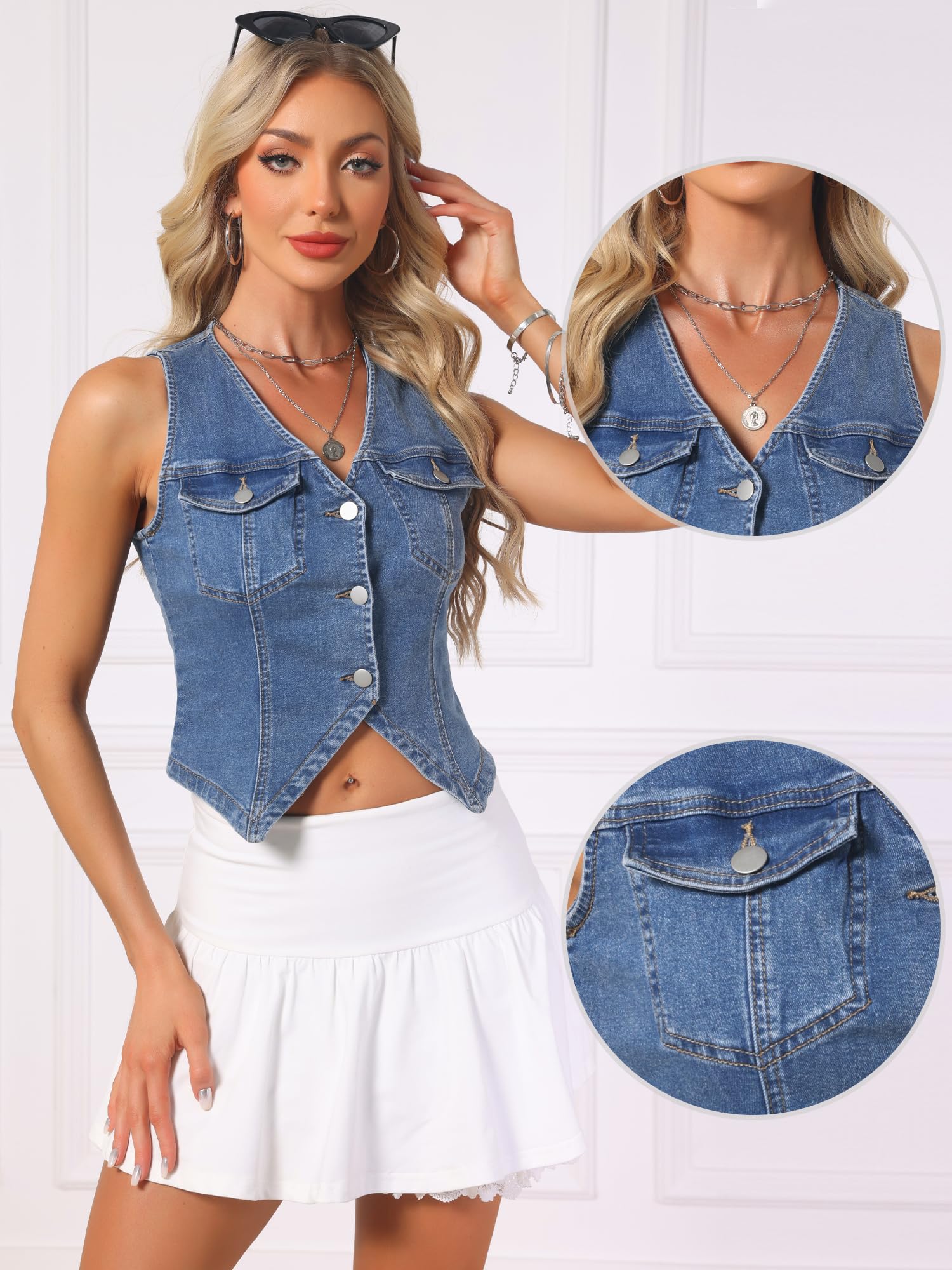 Allegra K Chaleco Vaquero para Mujer sin Mangas Cuello en V Botones Top Corto Chaqueta Vaquera Informal de Verano