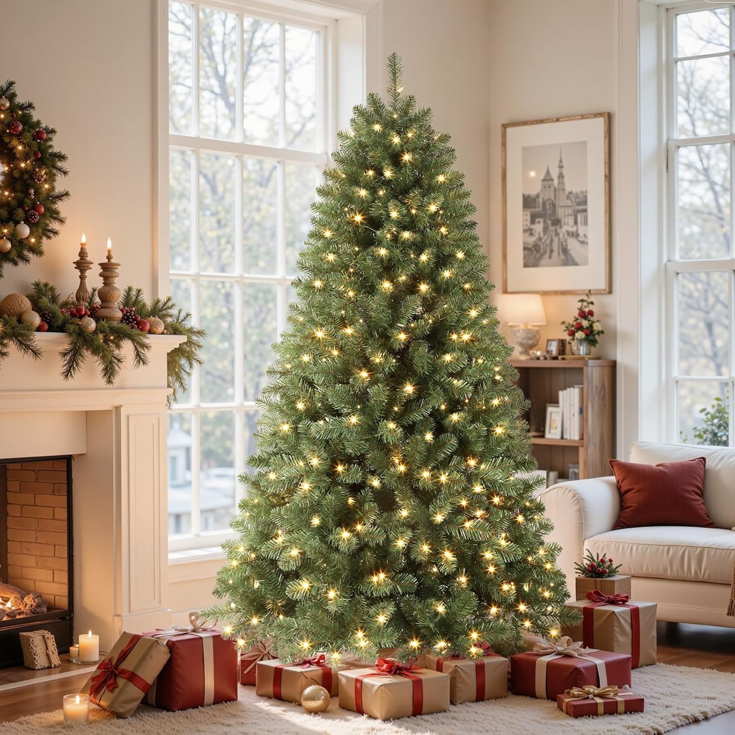 SHareconn 4ft Prelit Premium Artificial Hinged Classic Spruce Christmas Tree with Pre-lit 100 Warm White Lights, 422 Branch Tips and Foldable Stand, Perfect Choice for Xmas Decoration, 4FT, Green