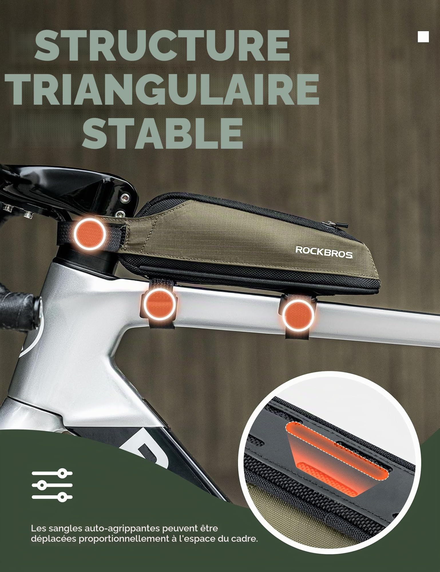 ROCKBROS Sacoche Cadre Vélo 0,65L Avant Kit Sac Triangulaire Tube Supérieur Amovible Portable Réfléchissant Vélo Course VTT Vert Foncé