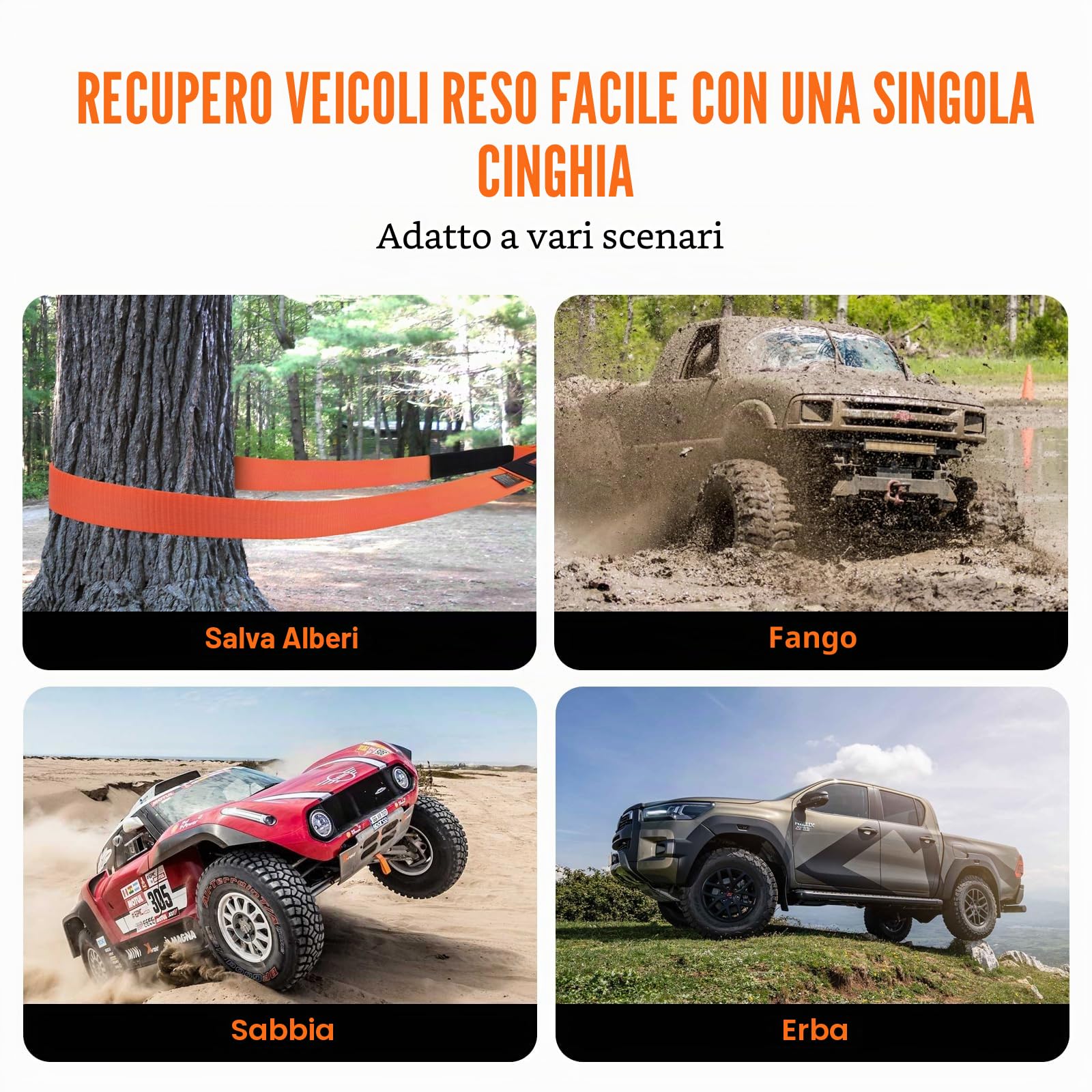 VEVOR Kit di Recupero Cinghia da Traino in Poliestere Resistente, Fune per Verricello da 76,2 mm x 9,1 m, 16329 kg, Tripla Fibbia Rinforzata, Cinghia a Strappo, Ricevitore con Gancio a Grillo 50 mm