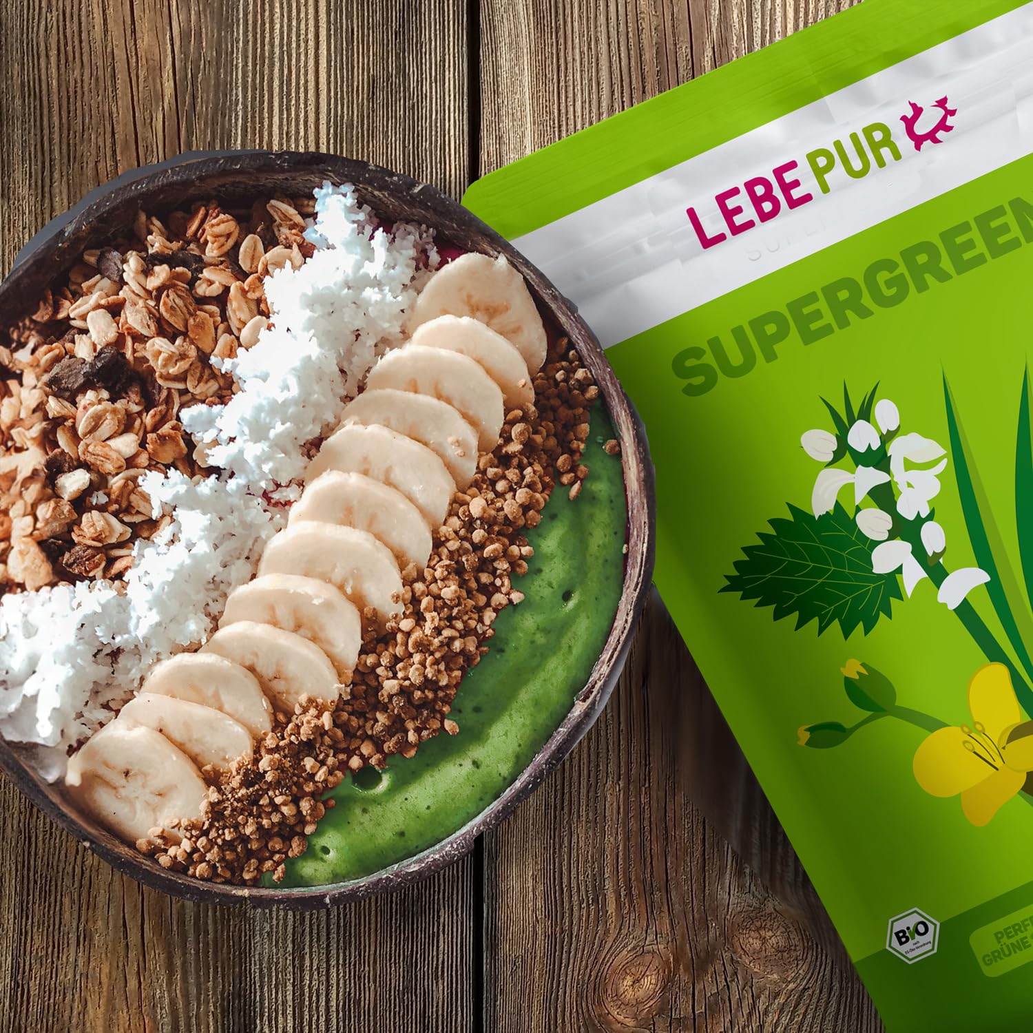 Lebepur BIO SUPER GREEN Pulver 500g - Pflanzenpulver mit Gerstengras, Weizengras, Spinat, Brennnessel, Grünkohl Chlorella und Spirulina - für Green Smoothie geeignet in Rohkostqualität