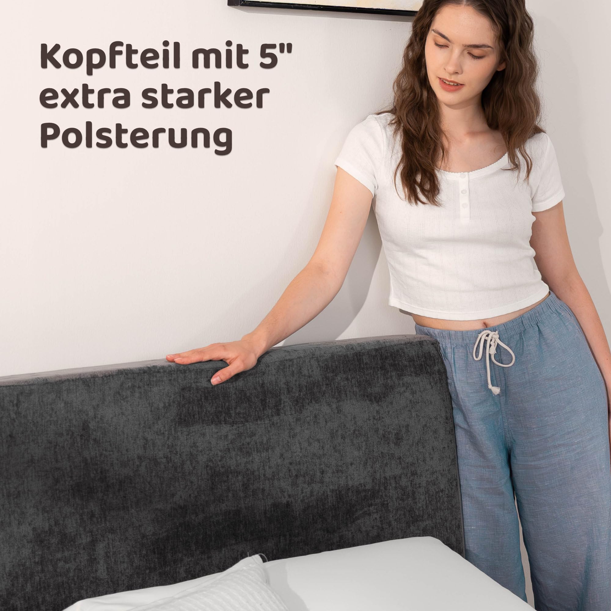 RECCI Cloud Polsterbett 160x200 cm mit gepolstertem Kopfteil, 5 cm weiche Schaumstoffpolsterung, doppelbett ohne Boxspring, leises Bettgestell im Schlafzimmer, familienbett (Schwarz) (160x200cm)