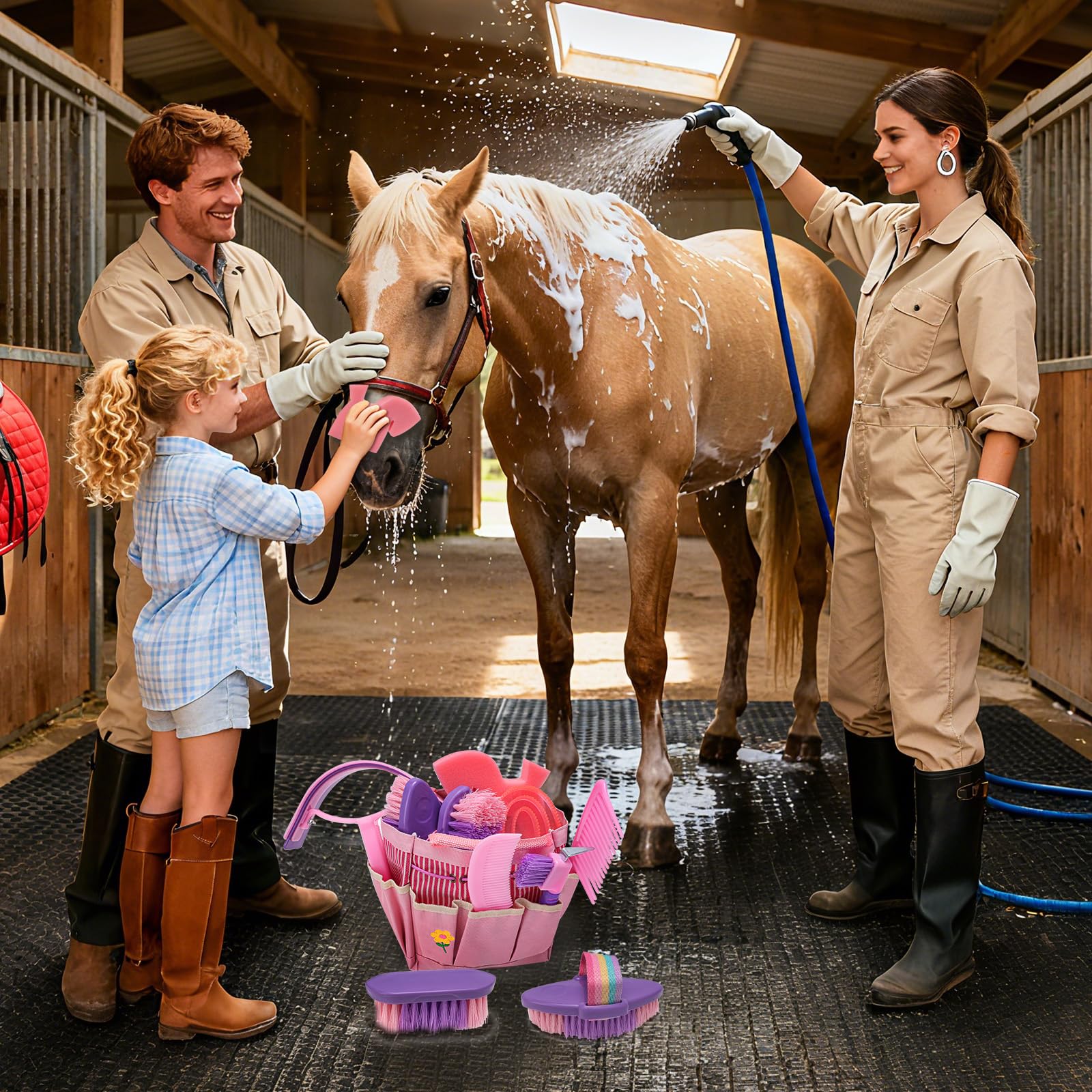 Kit de aseo de caballos, cepillos para caballos para suministros de aseo con bolsa organizadora, juego de cepillos para caballos para un aseo y limpieza efectivos, regalo para jinetes principiantes
