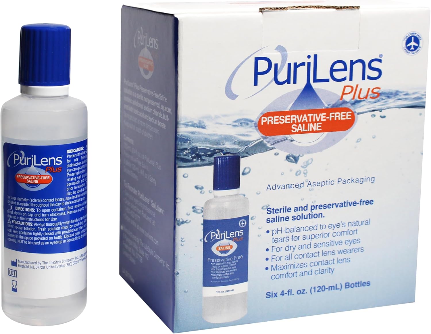 Purilens Plus – Lentes de contacto sin conservantes, solución salina, 4.1 fl oz (4 onzas líquidas), paquete de 6