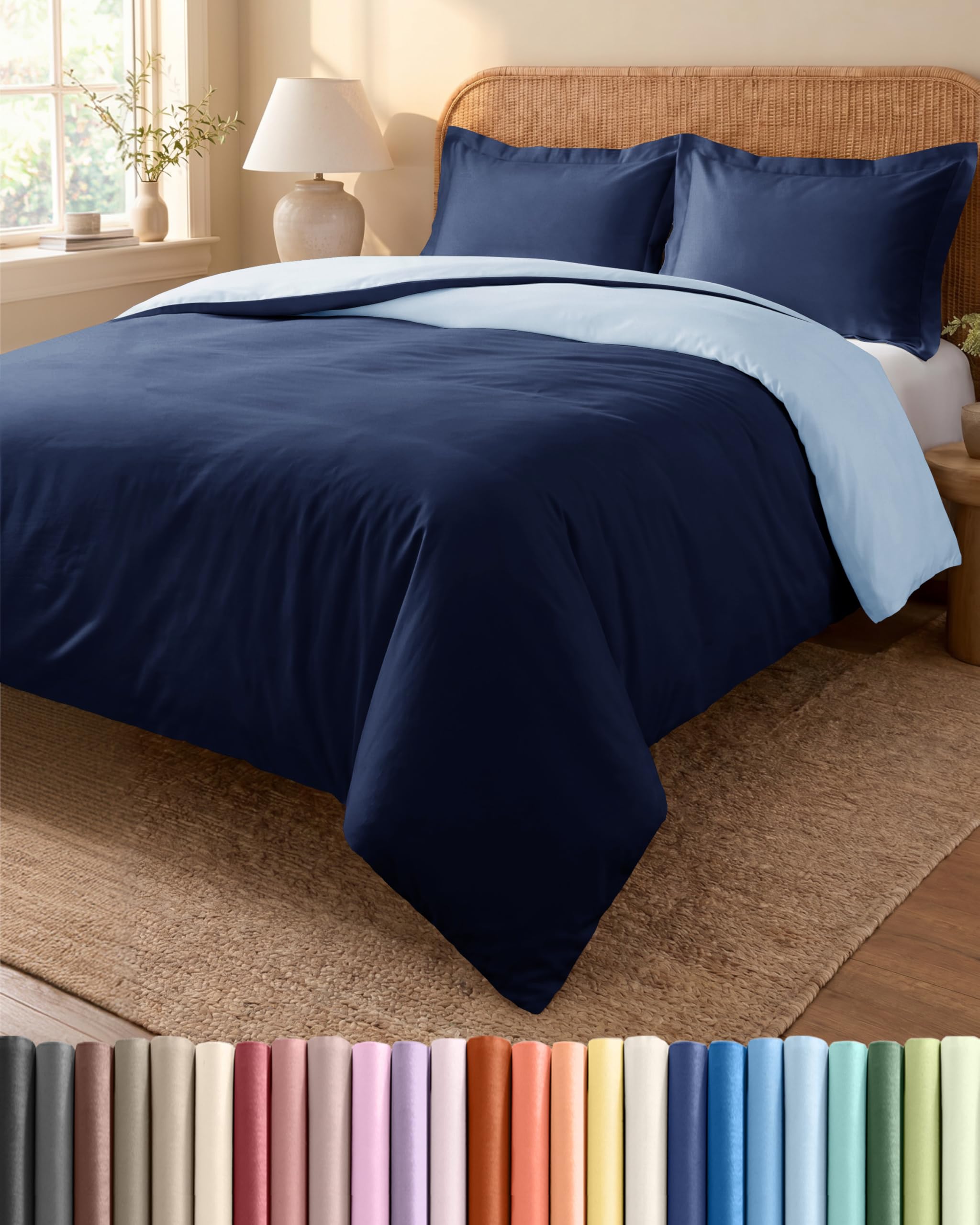 Copripiumino Matrimoniale 240x220 cm Blu Navy/Blu Chiaro 3 Pezzi - Copripiumino 240x220 cm e 2 Federe 80x80 cm - Microfibra Spazzolata - Senza Grinze e Traspirante - Certificata OEKO-TEX Standard 100