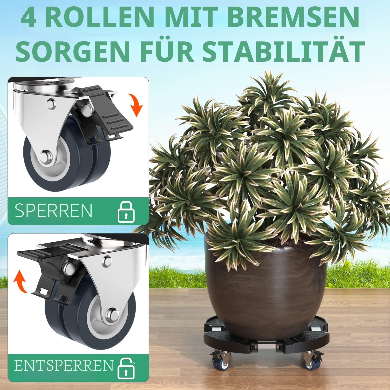 Yeabett Pflanzenroller, Blumentopf Untersetzer mit Rollen 38-56cm Verstellbar, 200 kg Tragkraft, Feststellbare BlumentopfräDer für GroßE PflanzgefäßE im Innen- und AußEnbereich, Schwarz, 1 Packung