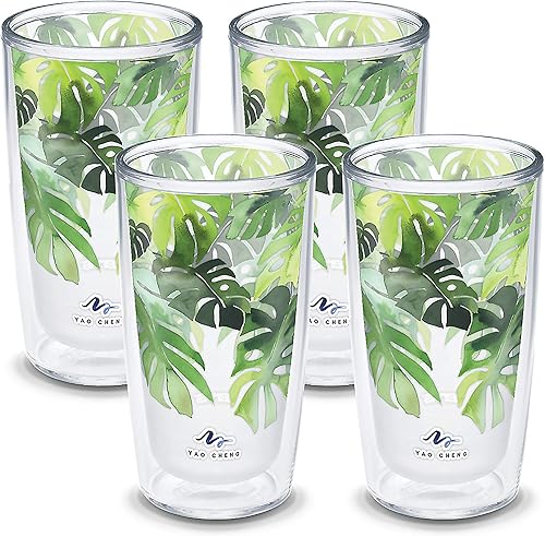 Tervis Yao Cheng - Vaso aislado de doble pared de cristal verde hecho en Estados Unidos mantiene las bebidas frías y calientes, 16 onzas, 4