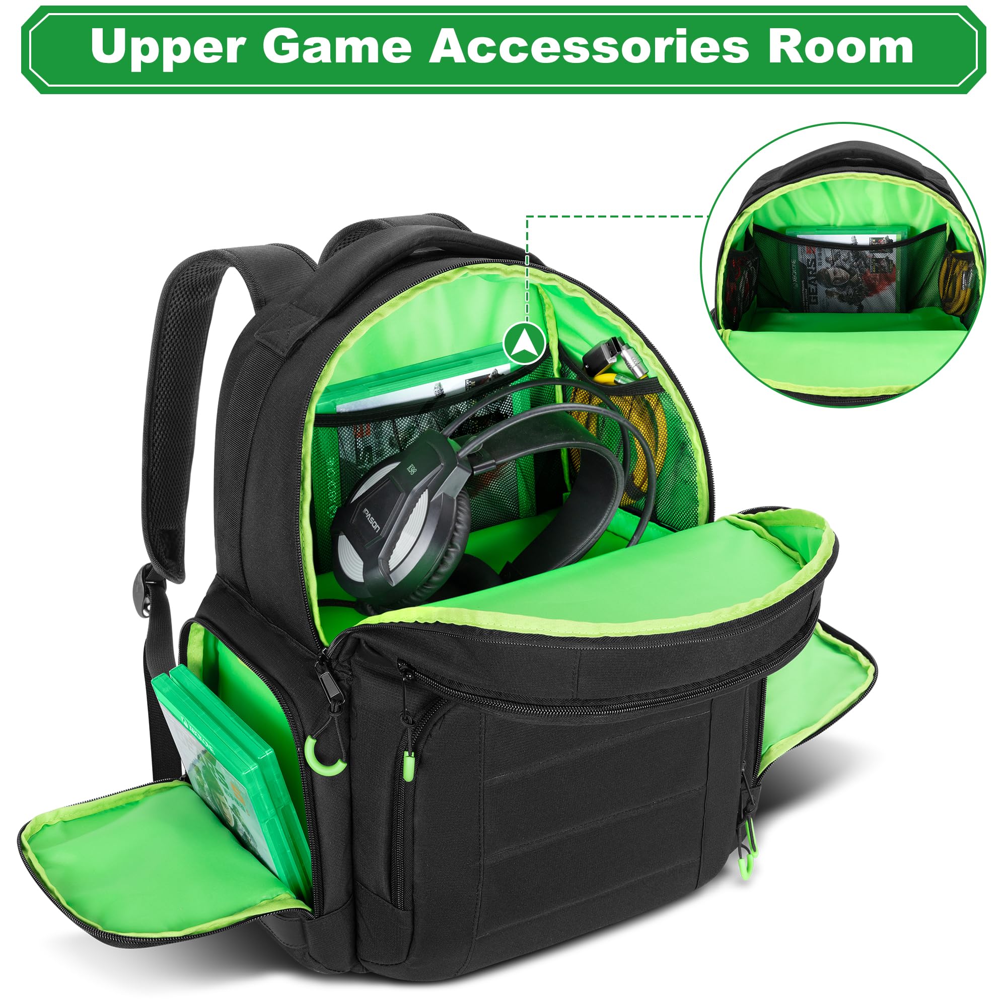PGmoon Zaino Compatibile con La Console Xbox Series X/S, Custodia da Viaggio con Vano Portaoggetti Separato per Console, Cuffie, Controller, Tasche Multiple per Accessori da Gioco (Design Brevettato)