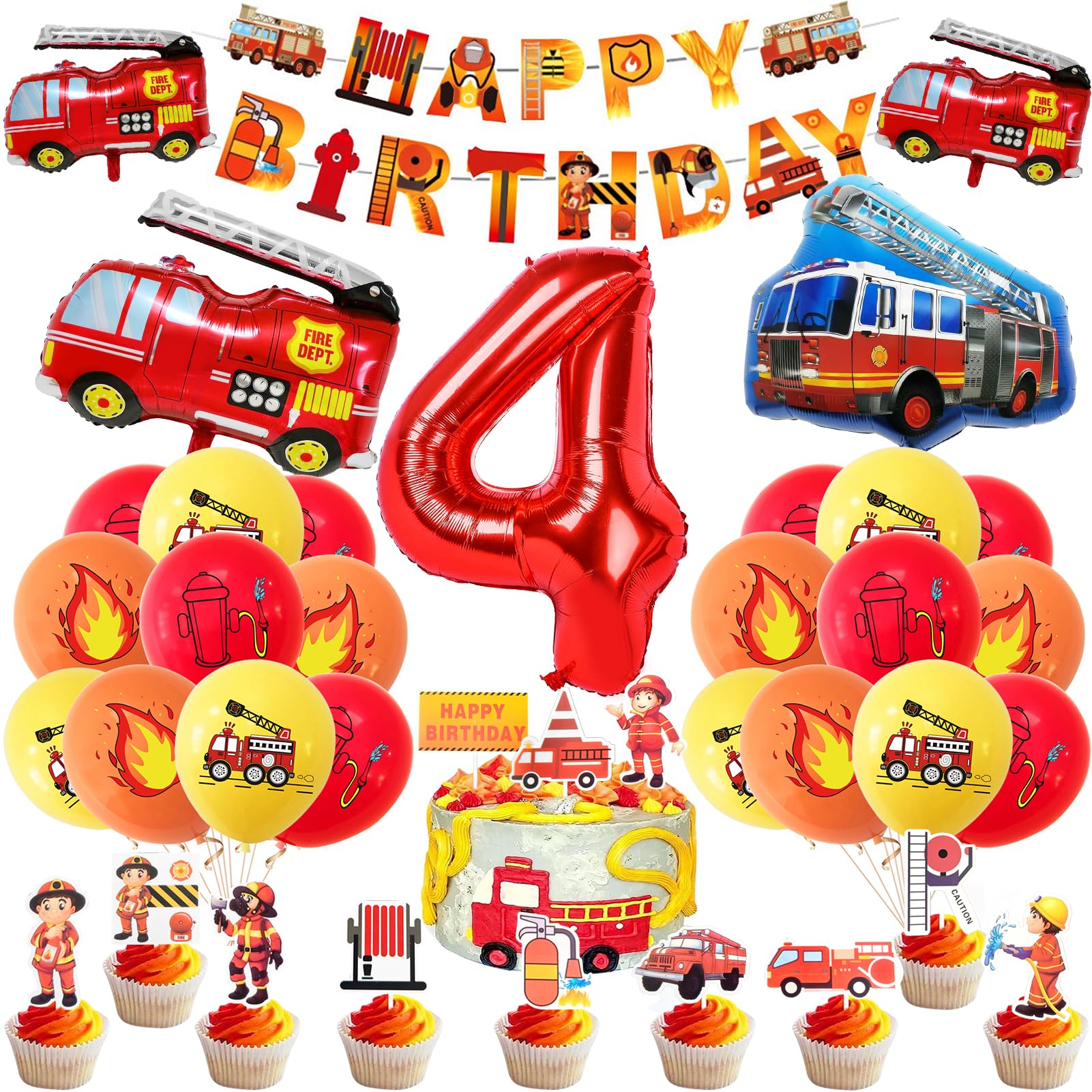 Decorazione Compleanno Vigili Del Fuoco Per Bambino - 42 Pezzi Con Striscione, Palloncini Autopompa E Fiamme - Tema Pompieri - 2