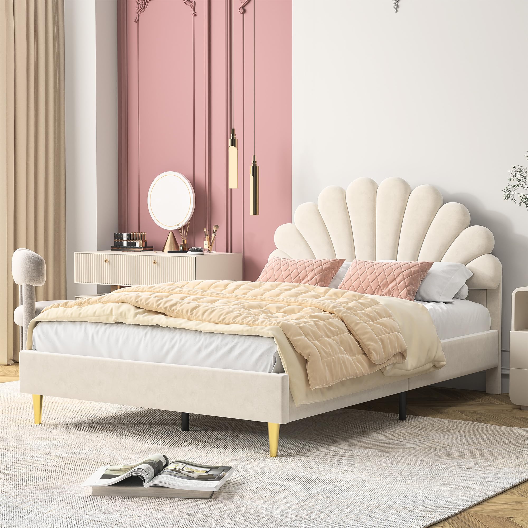 Lit Enfant Rembourré 140x200 cm,Lit Double Fille avec Tête de lit en Forme de Coquillage,Cadre de Lits avec Sommier à Lattes pour Enfants & Adultes, Velours, Beige, sans Matelas