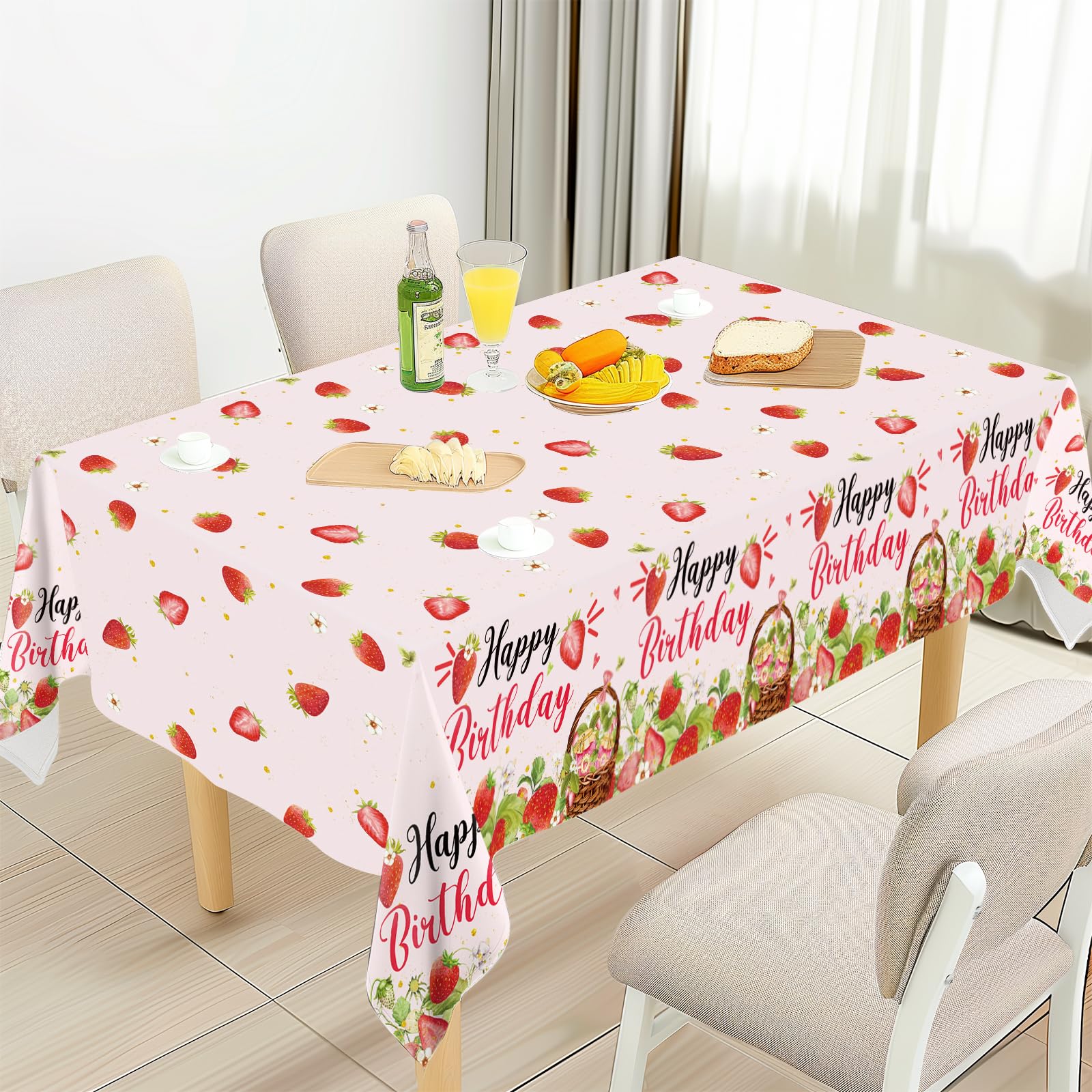 3 Pack Strawberry Party Tablecloths - 54x108 Inch Plastic Table Covers For Birthday, Baby Shower, Summer Fruit Theme