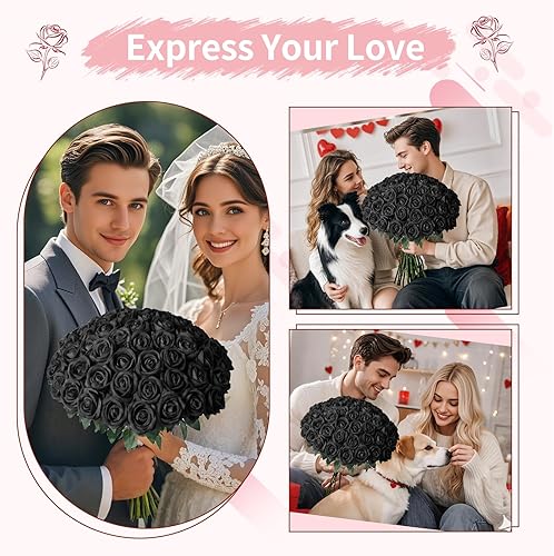 Miniatura 4 de 52 rosas artificiales negras a granel, flores artificiales falsas, ramo de novia de seda con tallos para decoración de flores de boda, día de San