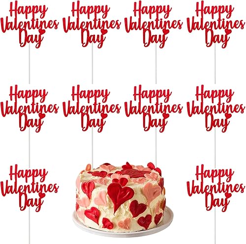 Kevinart Decoración para tarta de San Valentín, 10 unidades, con purpurina, rojo, feliz día de San Valentín, romántico, corazones rojos, decoración