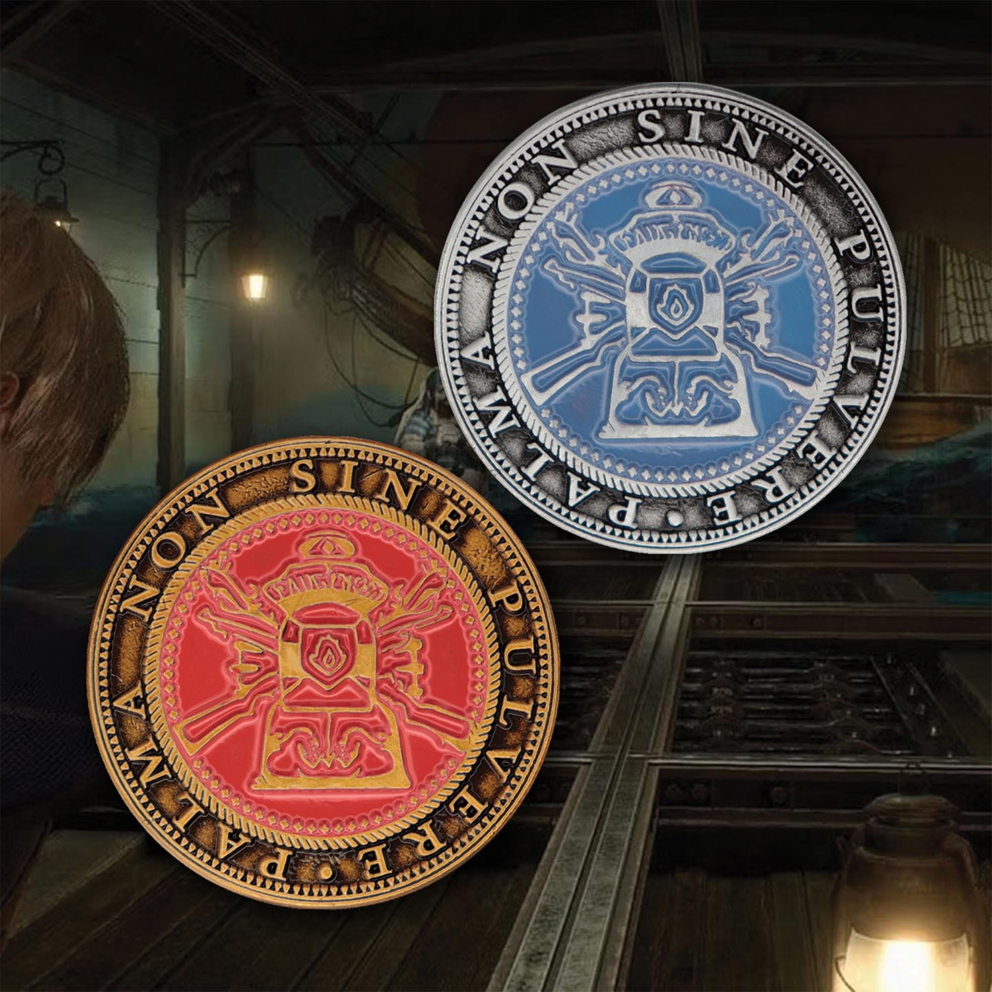 Resident Evil 4 zestaw dwóch metalowych żetonów do galerii strzelania w limitowanym pudełku kolekcjonerskim