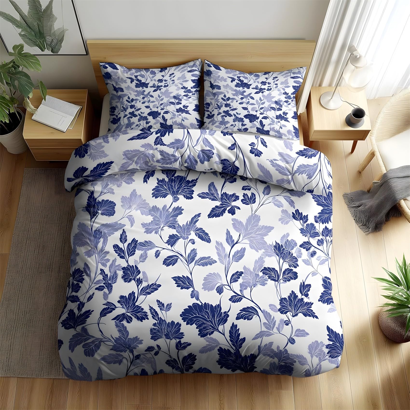 Housse de couette 140x200 anti-glisse avec zip et motifs feuilles bleues