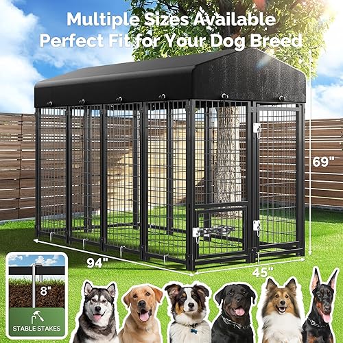 Vista 6 de Sino Luban Perrera para perros al aire libre con puerta para perros, alimentador giratorio y techo - 8 x 4 x 6 pies corrales grandes para perros