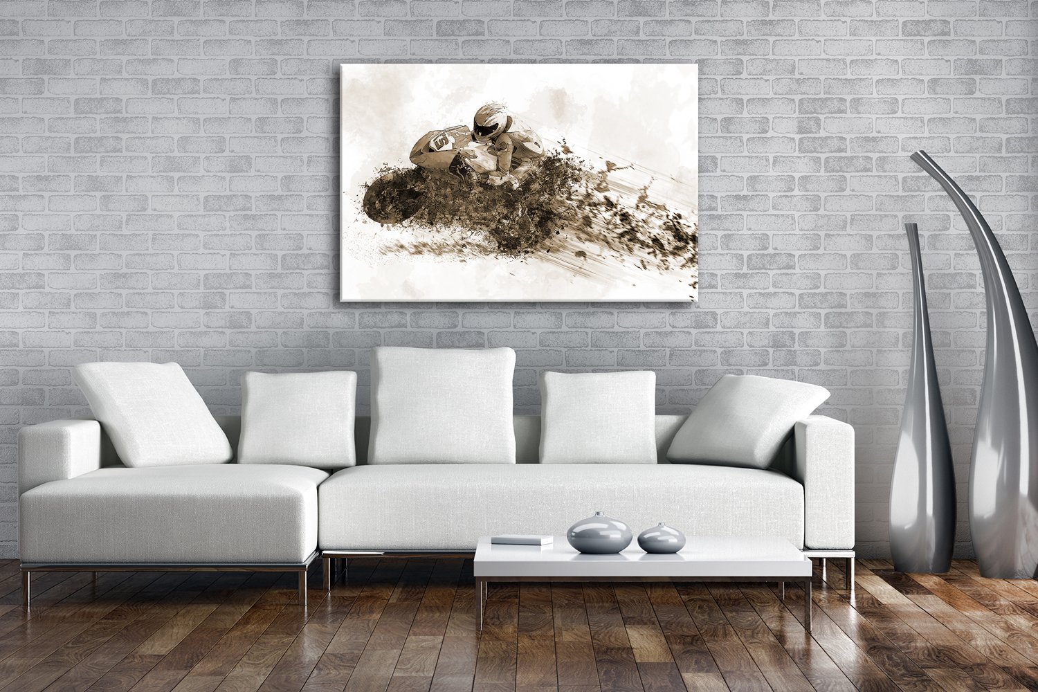 deyoli - Stampa su tela, motivo: moto da corsa, dimensioni: 100 x 70 cm, effetto seppia su telaio in vero legno, stampa digitale di alta qualità con telaio, non poster o poster