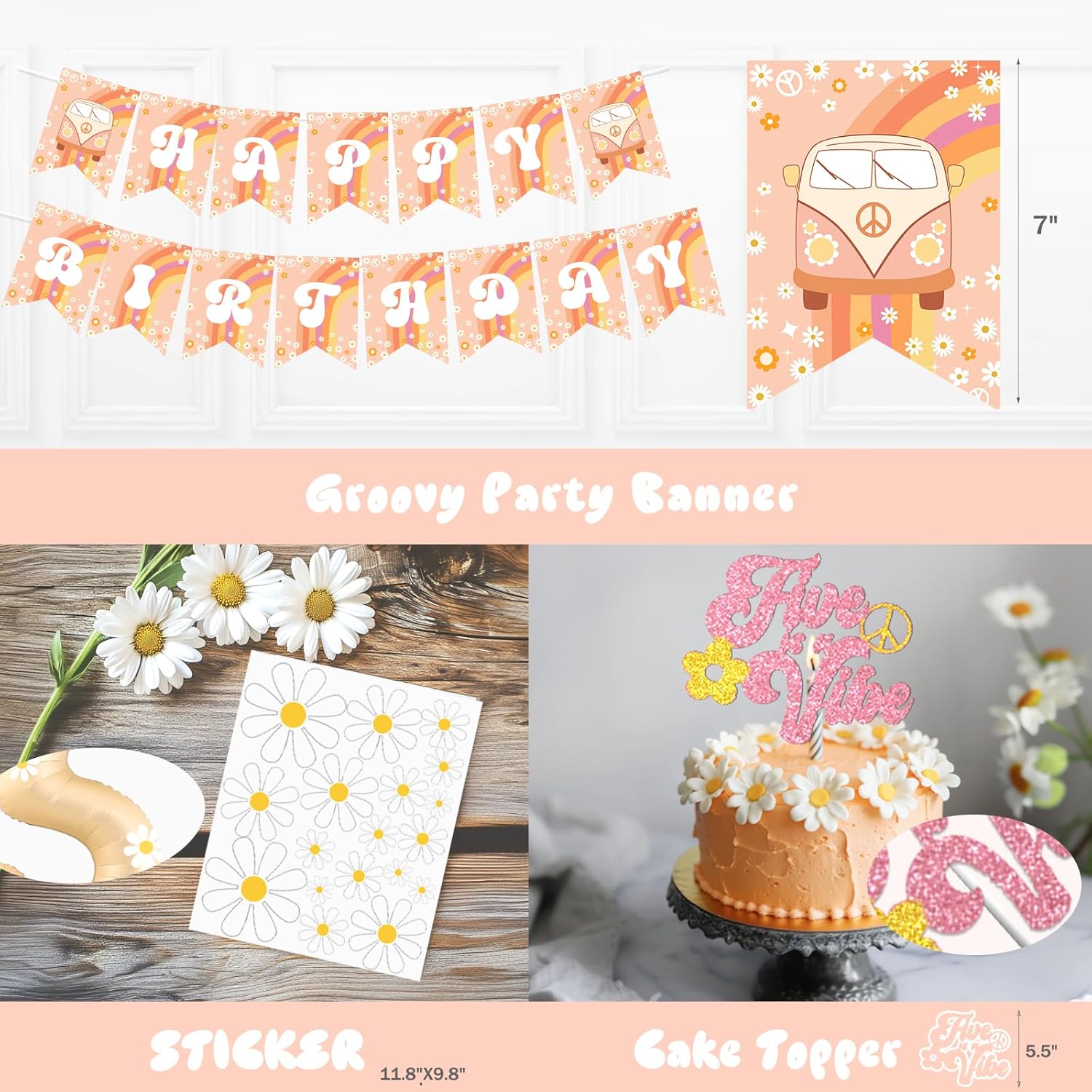 Hombae Five is a Vibe Birthday Party Decorations, Groovy 5th Birthday Decorations Girl, Daisy Flower Retro Boho Hippie Themed Party Supplies Backdrop Balloon Banner Tablecloth Box for 5 Year Old Girl
