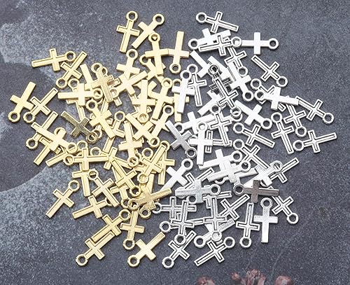 Miniatura 10 de 100 dijes de cruz de plata y oro de 0.630 x 0.315 in, aleación vintage de crucifijo de paz, cuentas para manualidades, kits de fabricación de joyas,