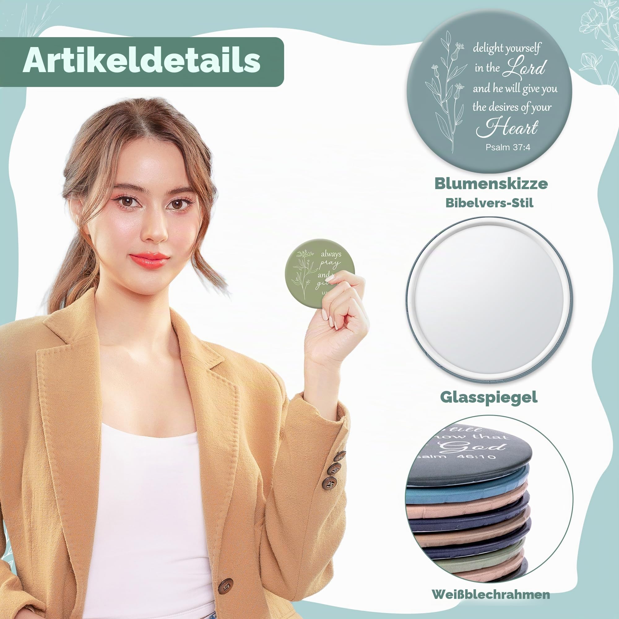 Y1tvei Mini Christliche Kompaktspiegel - 36 Stück Blumen Skizze Bibelvers Kompaktspiegel Bulk Klein Tragbar Rund Taschen Makeup Spiegel Christliche Geschenke Kirche Party Geschenke für Frauen