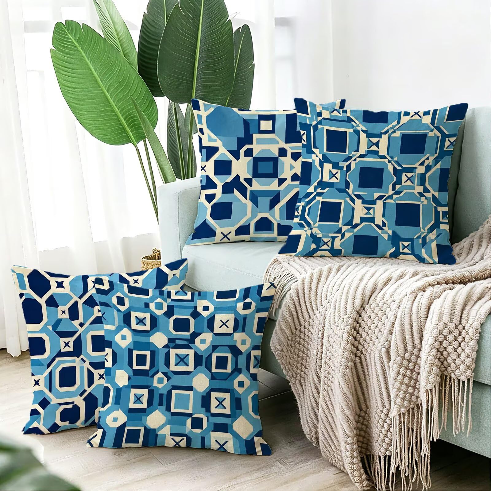 Blu Federe Cuscini Divano 50x50cm, Cuscini da Esterno Set de 4, Cod-103 | Velour Copricuscini Decorativi Letto Arredo, per Letto, Soggiorno, Giardino, Esterno, Casa Decorazione Set di 4 Geometria