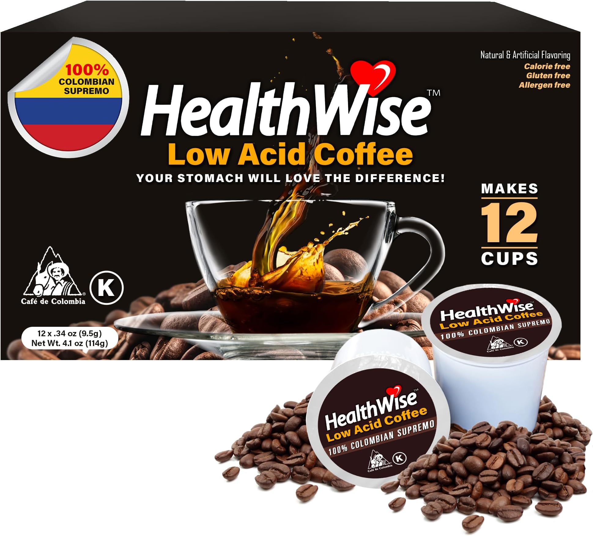 Healthwise Low Acid Coffee K-Cups - Soothe Acid Reflux & Heartburn, Gentle on Sensitive Stomachs, Eases Digestive Discomfort - Classic Columbian Supremo (Unflavored) - 12 Count (Pack of 1)